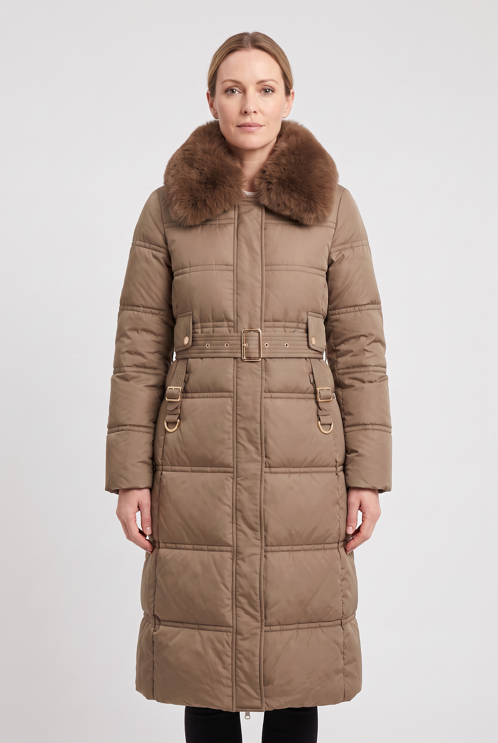 Doudoune Femme | Longue Ceinturée Zippée Col Fausse Fourrure - 1