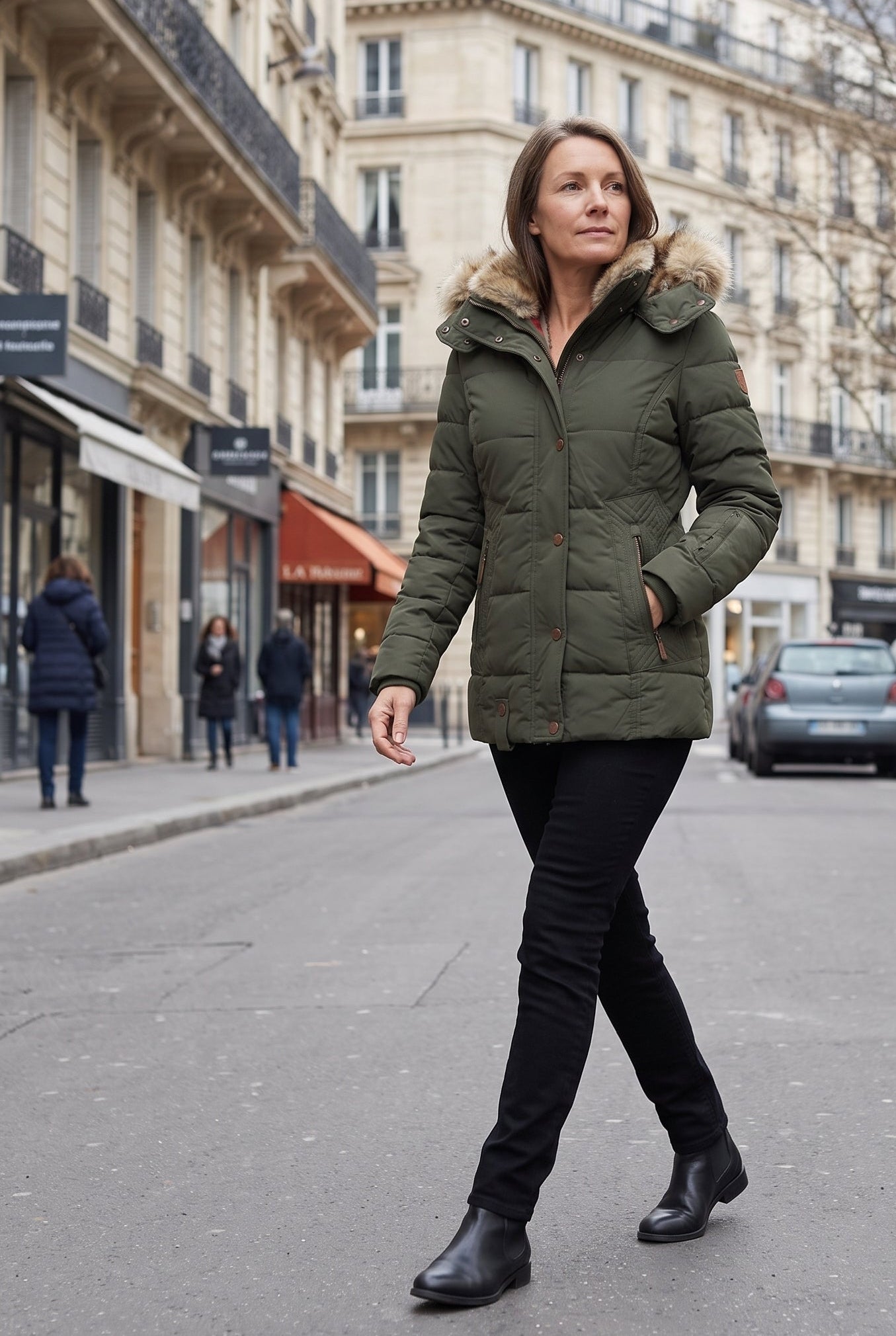 Doudoune Femme | Zip Deux Sens Capuche Amovible Fausse Fourrure - Vert