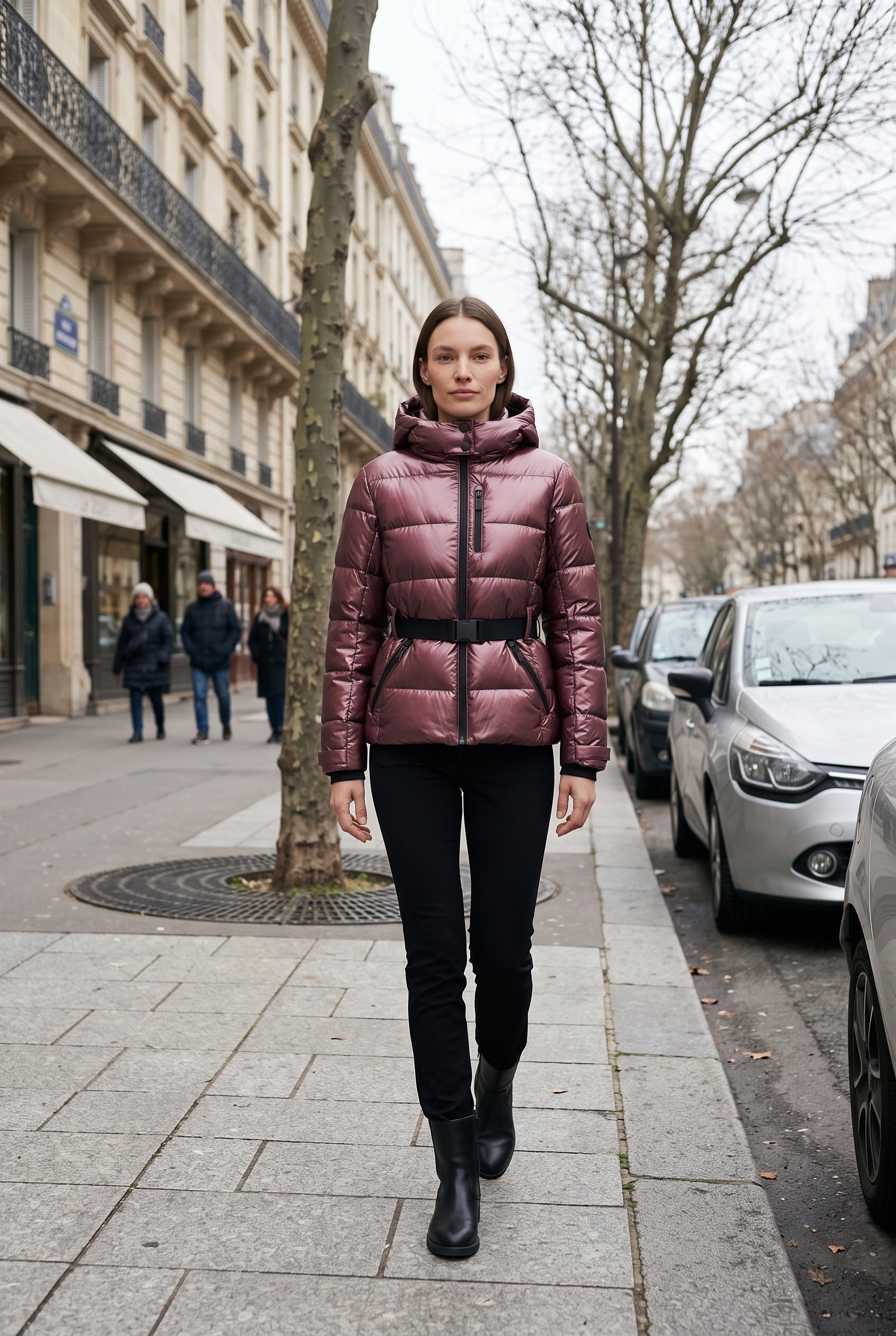 Doudoune Femme | Zip Intégral Capuche Ceinture à Boucle - Rouge