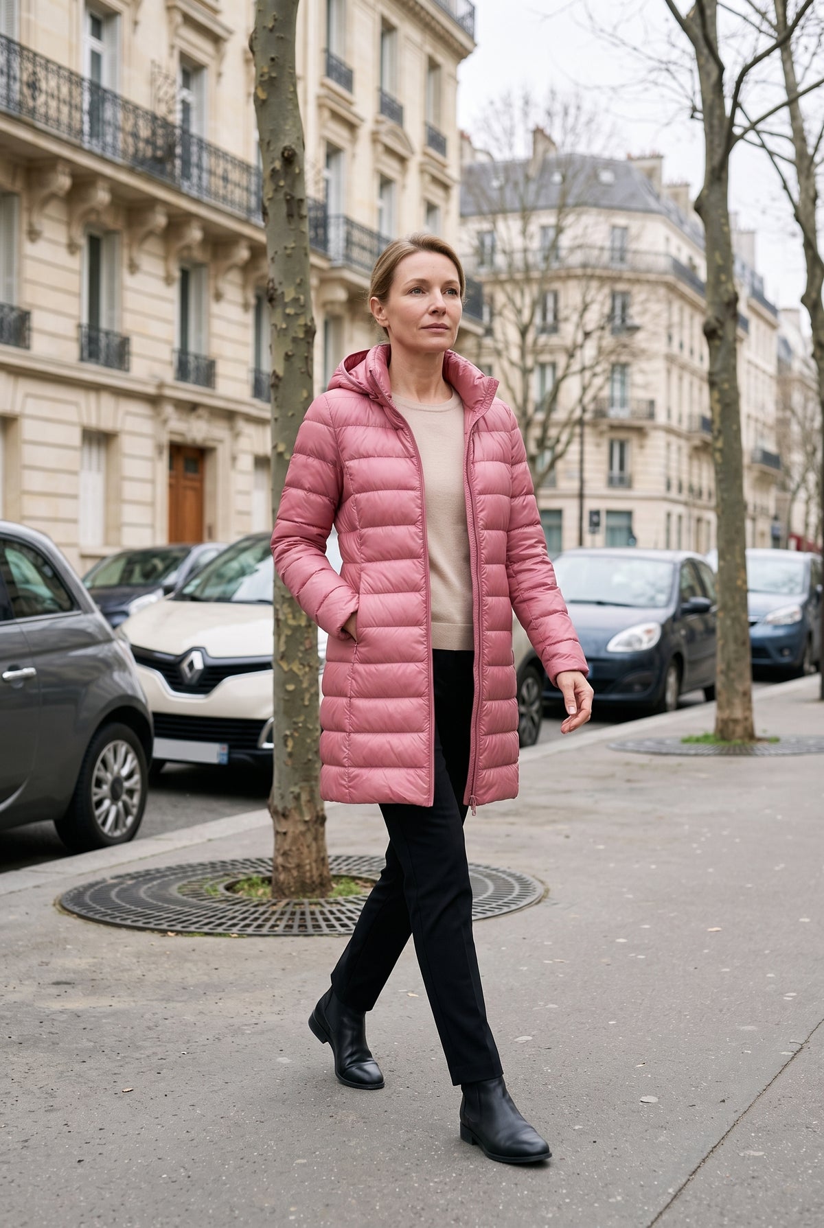 Doudoune Femme | Zip Intégral Coupe Longue Capuche Fixe - Rose