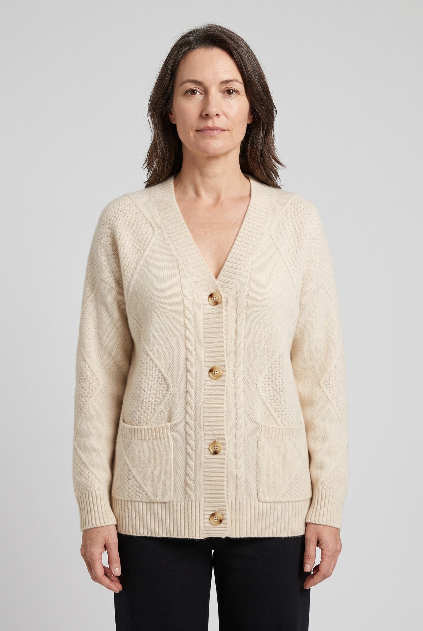 Gilet Femme | Boutonné Col V Torsades Poches Plaquées - 1