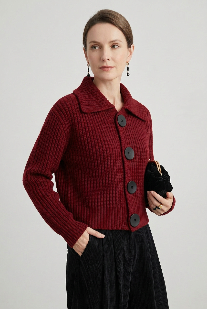Gilet Femme | Boutonné Court Col Pointu Maille Côtelée - 5