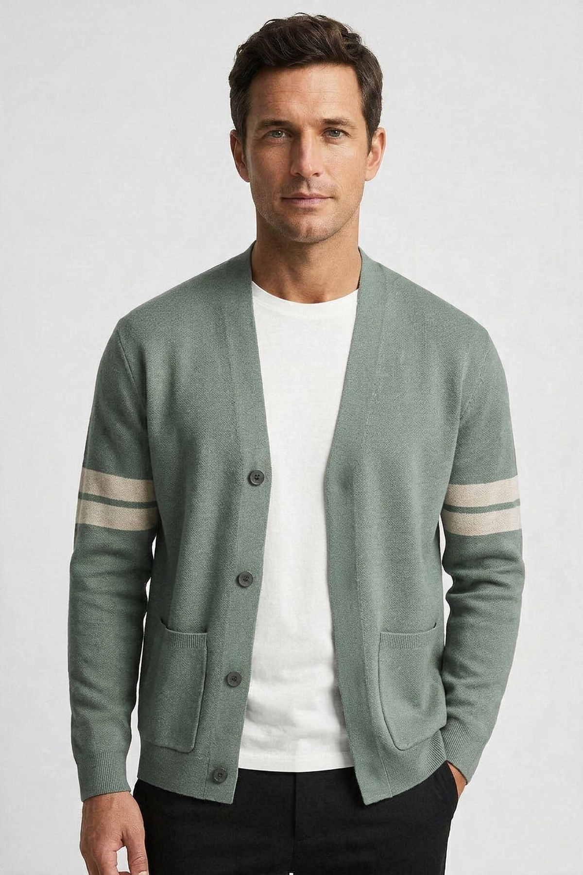 Gilet Homme | Boutonné Col V Manches Rayées Poches Plaquées - 1