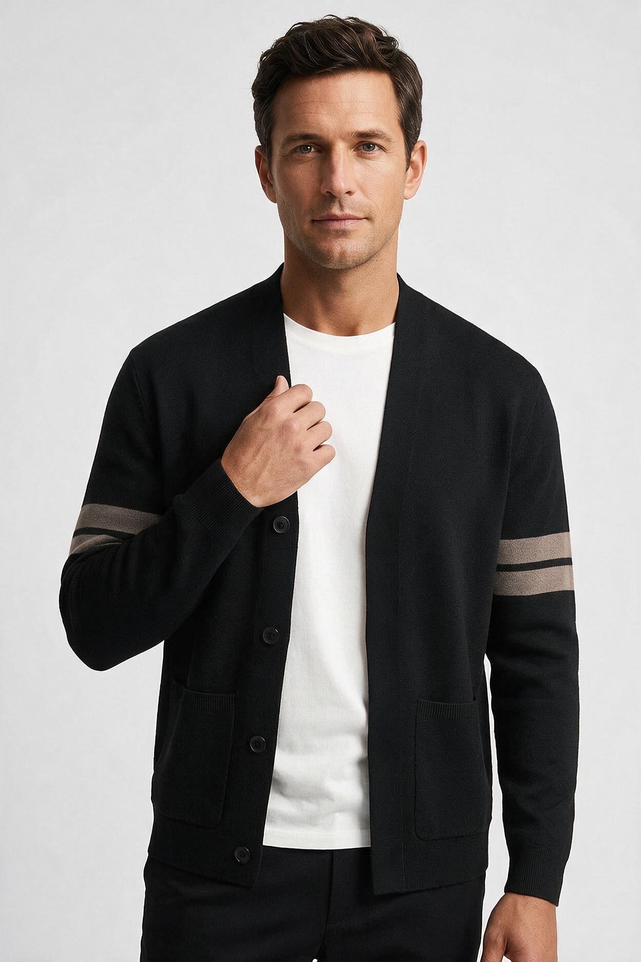 Gilet Homme | Boutonné Col V Manches Rayées Poches Plaquées - 5