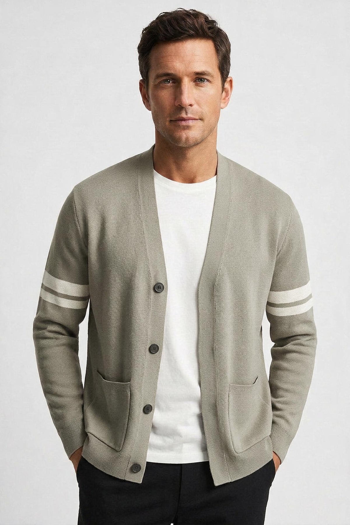 Gilet Homme | Boutonné Col V Manches Rayées Poches Plaquées - 7