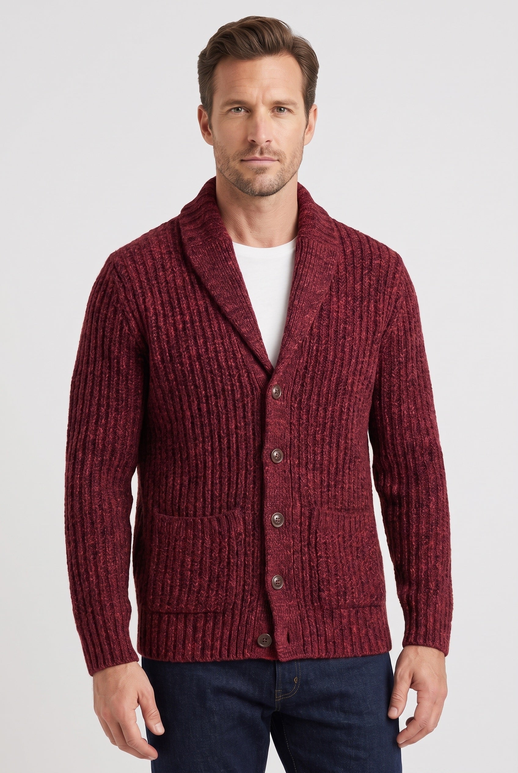 Gilet Homme | Boutonné Grosse Maille Col Châle Chiné - 1