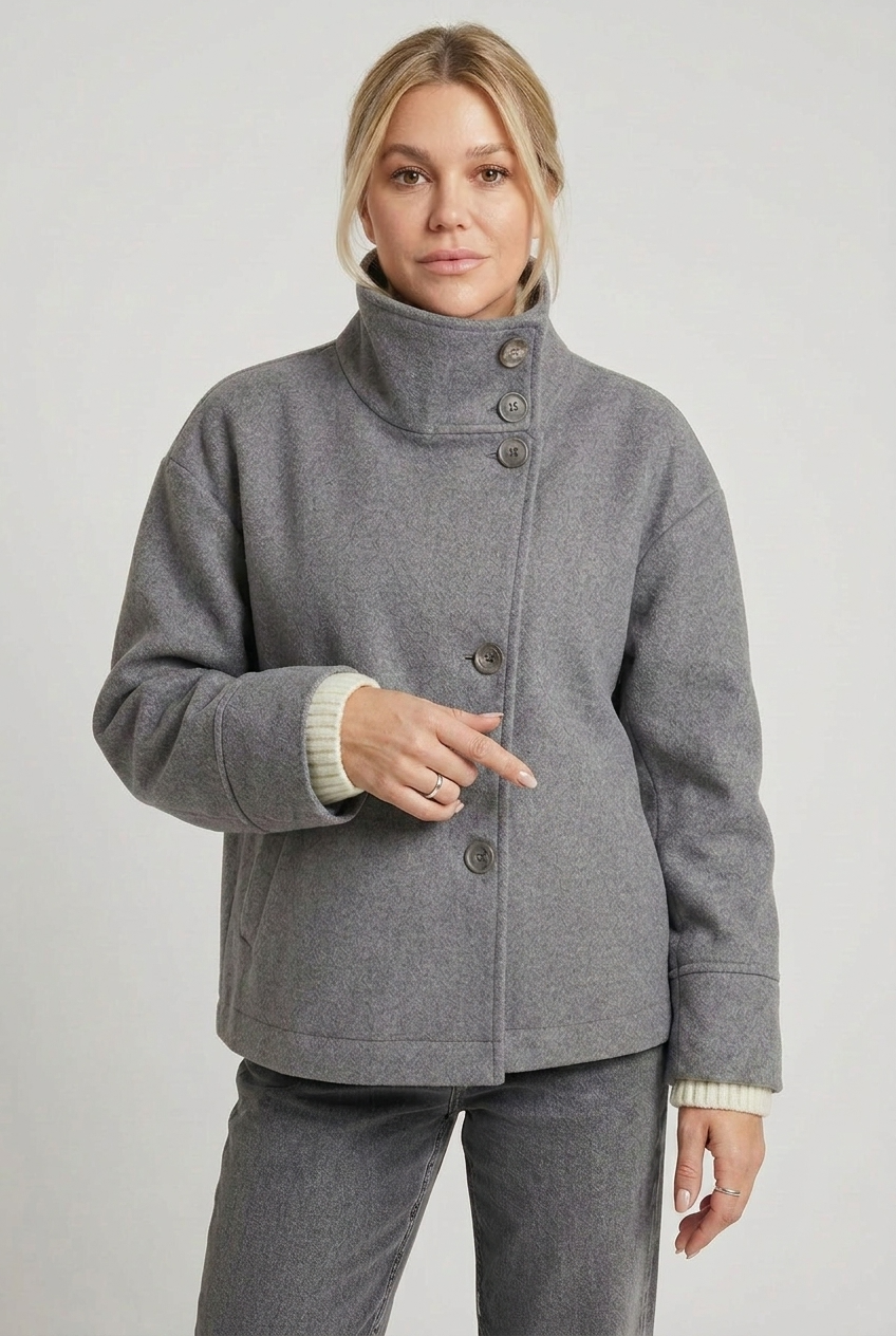 Manteau Femme | Boutonnage Asymétrique Coupe Courte Col Montant - 5