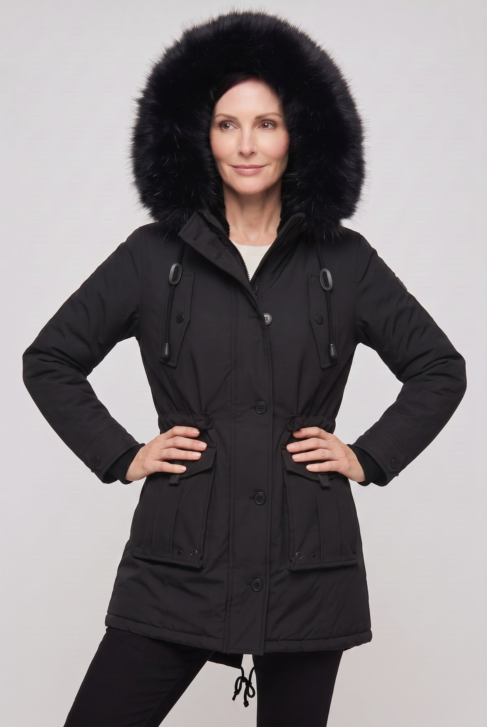 Manteau Femme | Boutonné Capuche Fausse Fourrure Taille à Cordon - 4