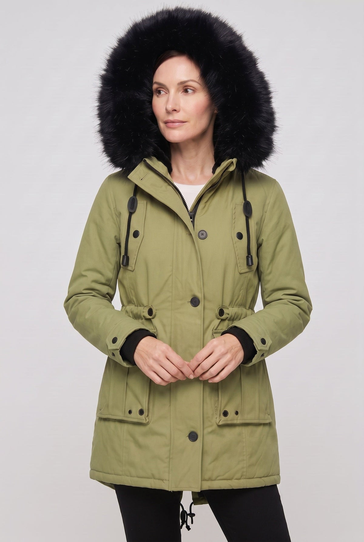 Manteau Femme | Boutonné Capuche Fausse Fourrure Taille à Cordon - 5