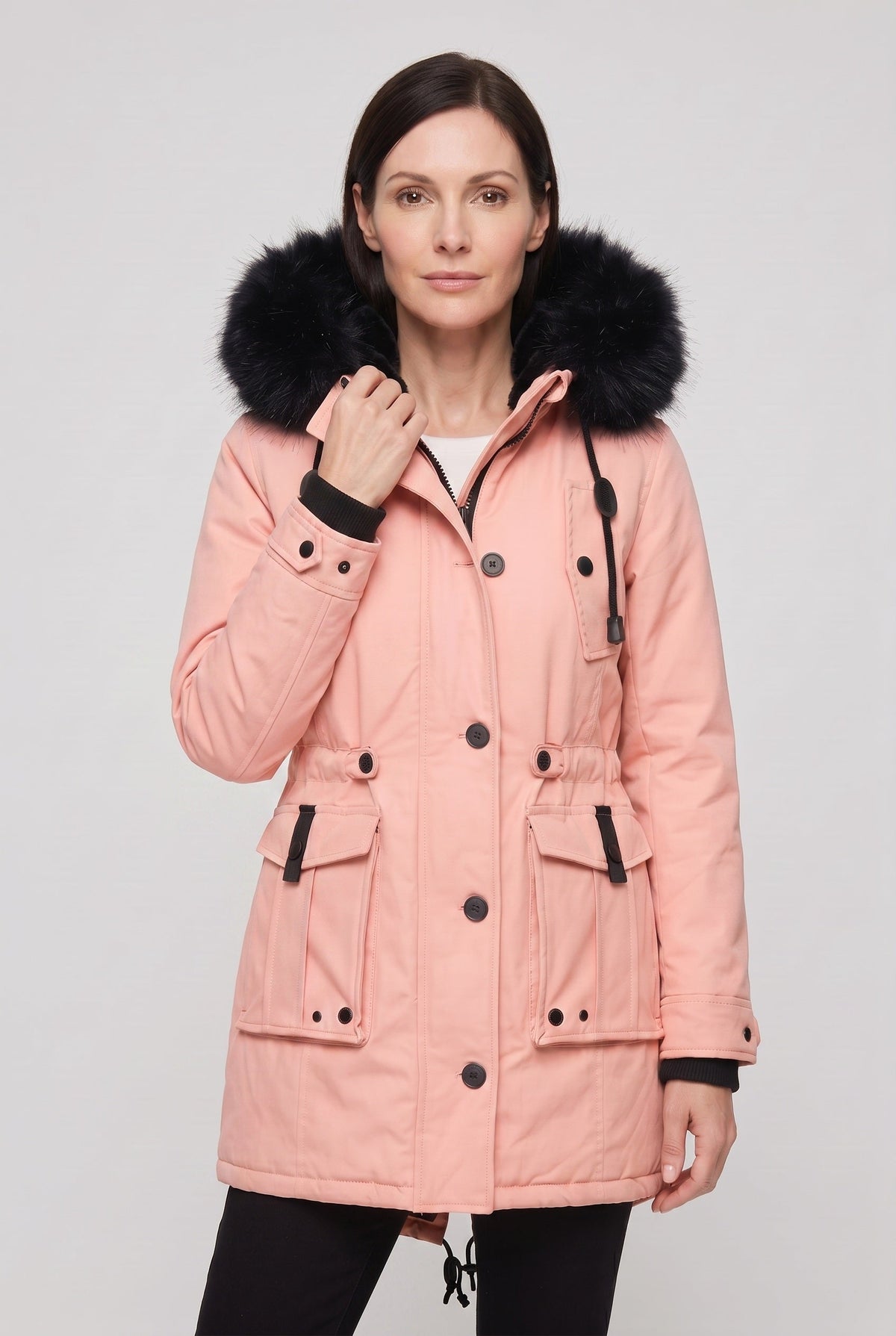 Manteau Femme | Boutonné Capuche Fausse Fourrure Taille à Cordon - 6