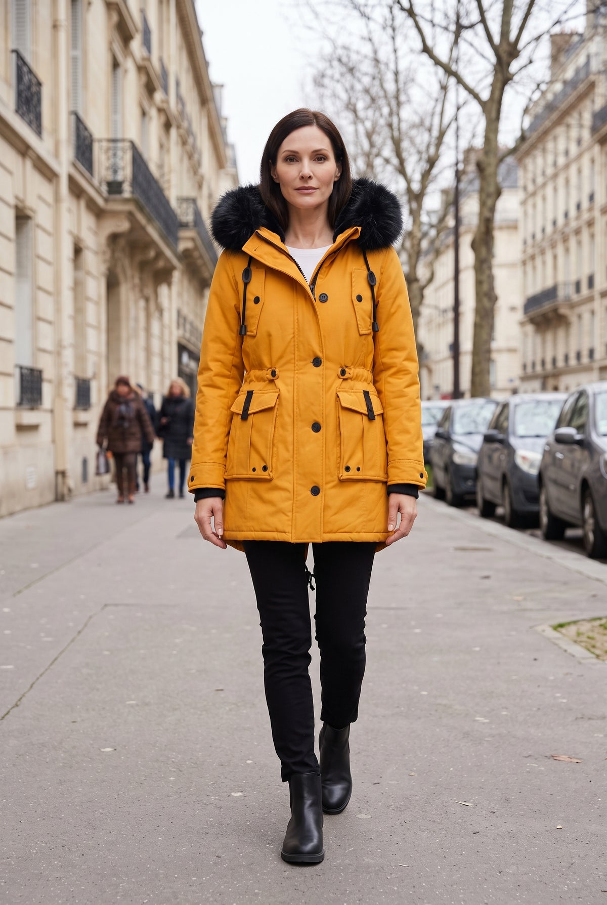 Manteau Femme | Boutonné Capuche Fausse Fourrure Taille à Cordon - 9