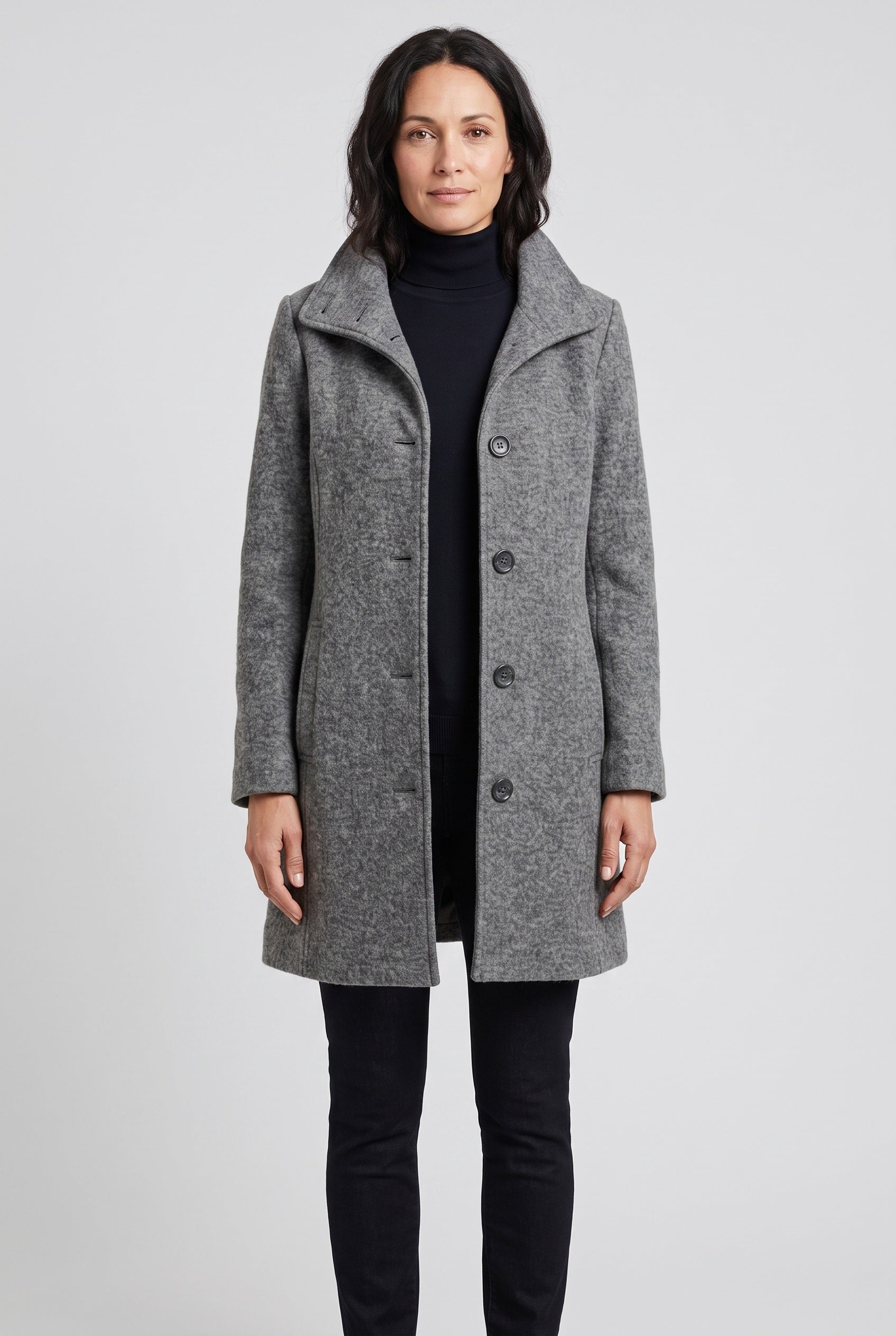 Manteau Femme | Boutonné Coupe Mi-Longue Col Montant - 1