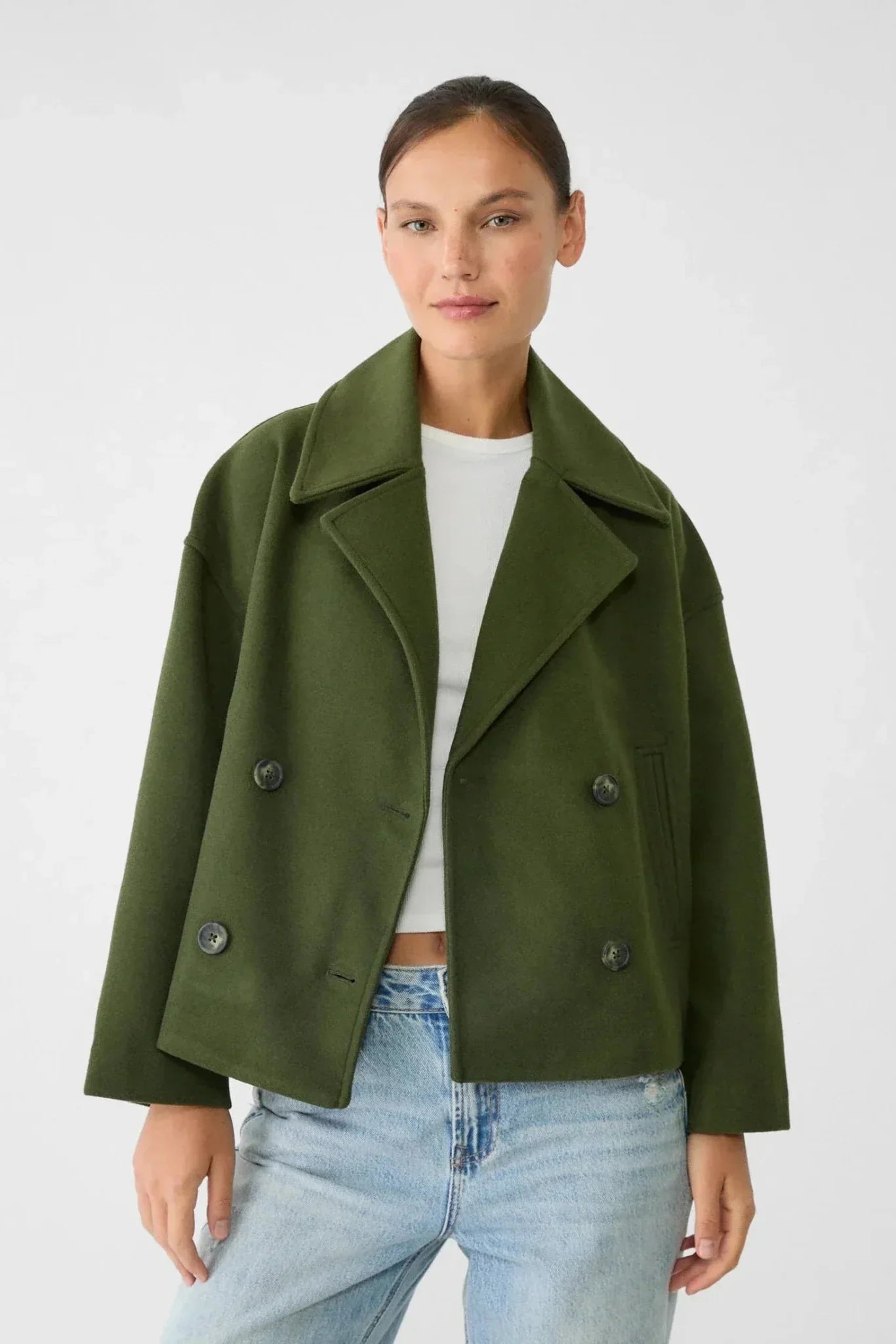 Manteau Femme | Caban Double Boutonnage Coupe Courte Col Cranté - 8