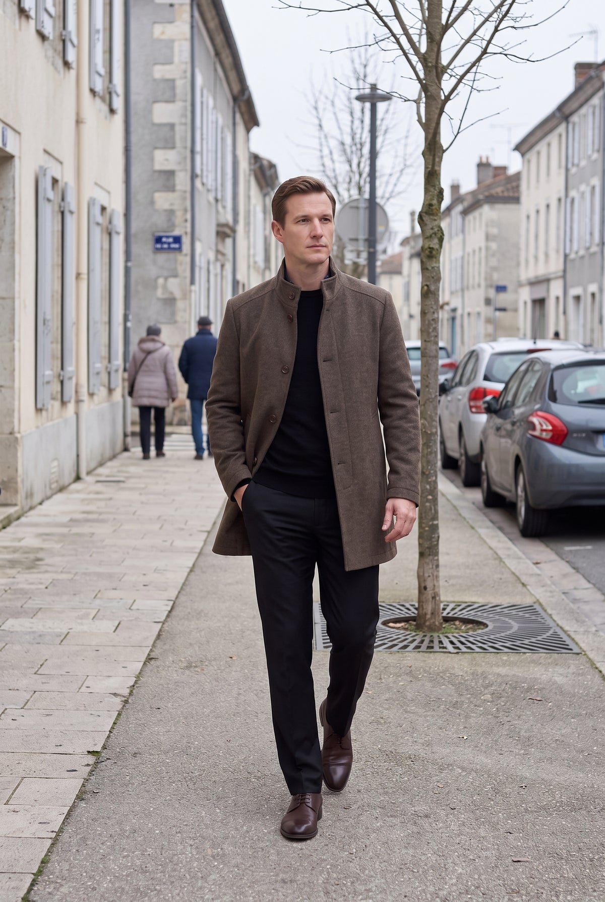 Manteau Homme | Simple Boutonnage Col Montant Poches Passepoilées - Marron