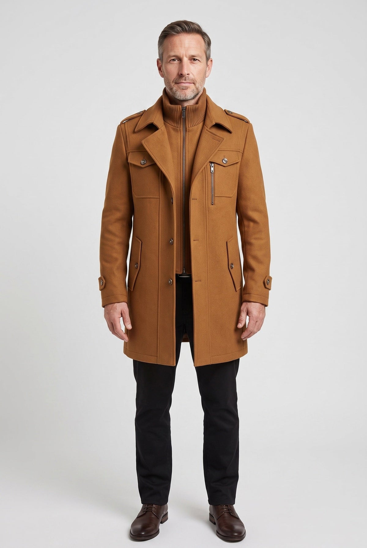 Manteau Homme | Zip Intégral Col Montant Épaulettes Martingale - 1