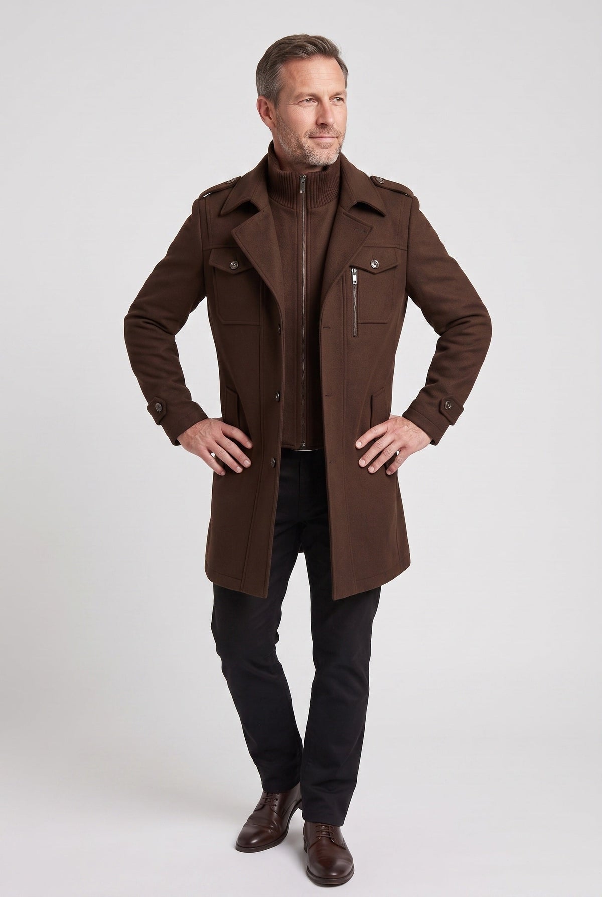 Manteau Homme | Zip Intégral Col Montant Épaulettes Martingale - 5