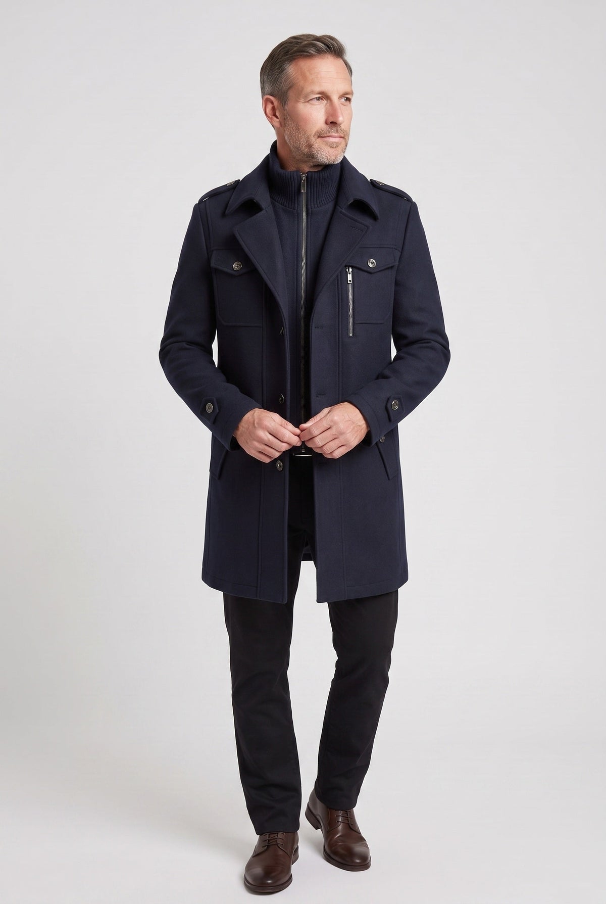 Manteau Homme | Zip Intégral Col Montant Épaulettes Martingale - 6