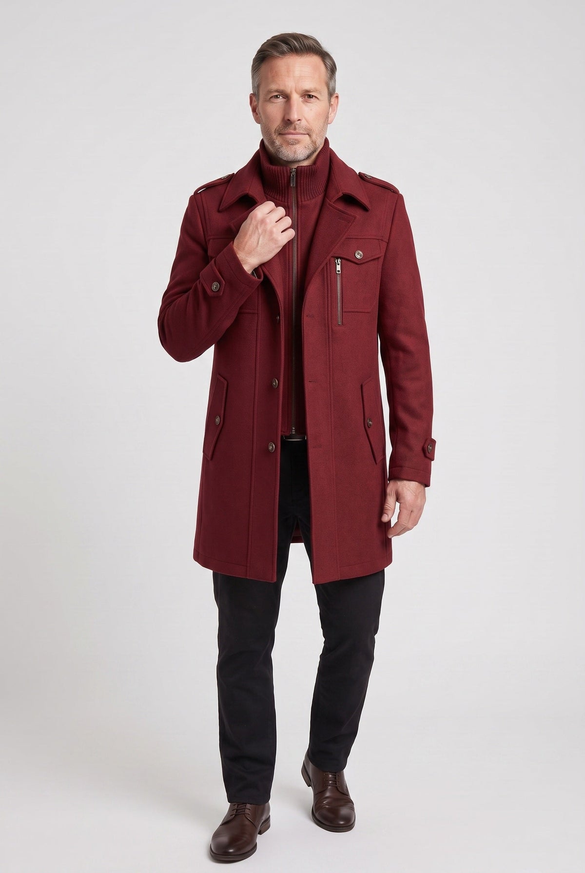 Manteau Homme | Zip Intégral Col Montant Épaulettes Martingale - 7