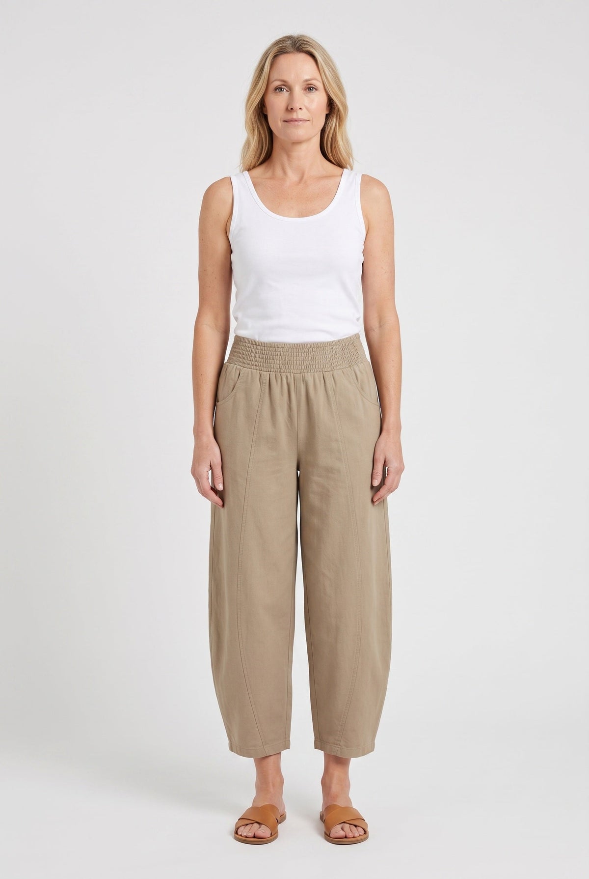 Pantalon Femme | Coupe Large Taille Élastique Froncée Bas Raccourci - 2