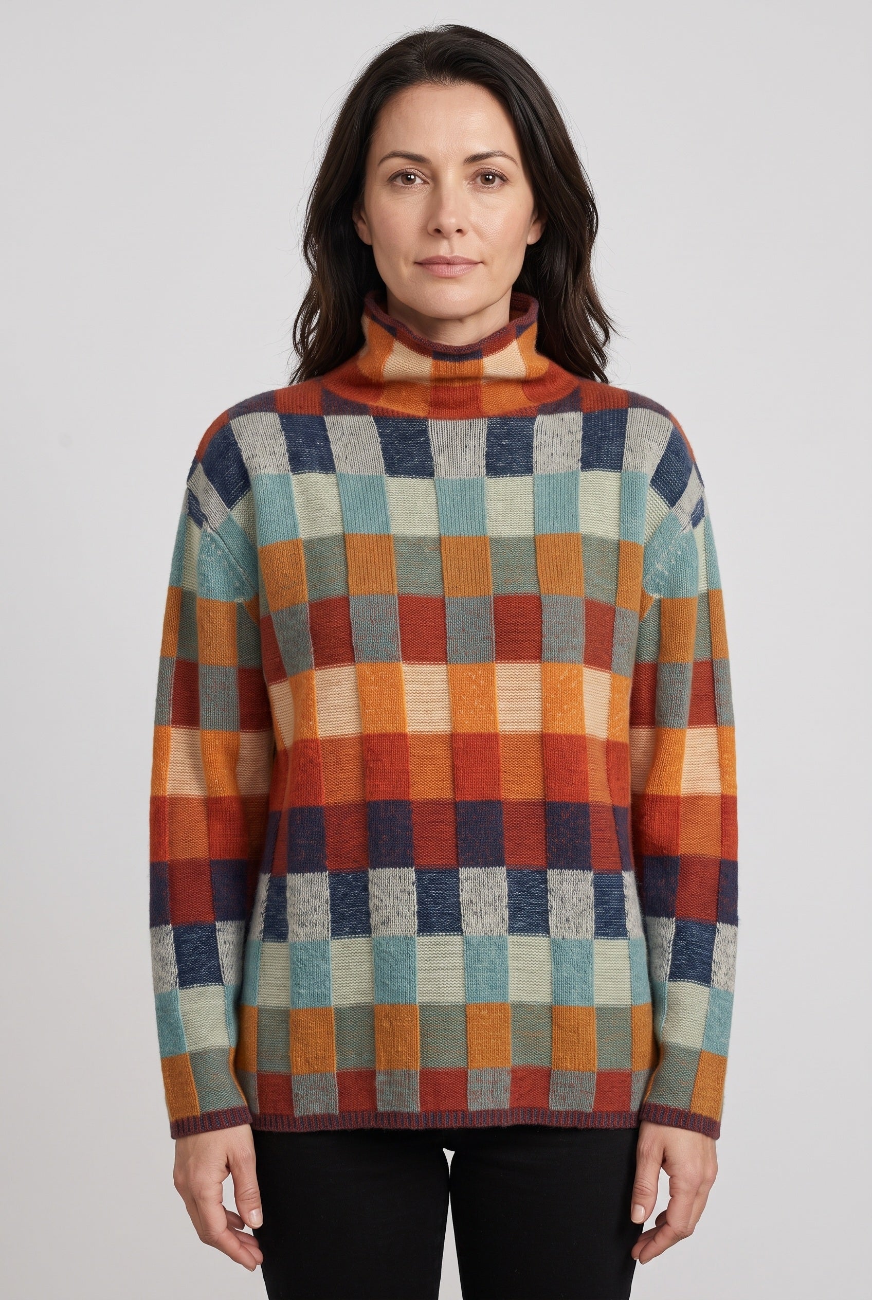 Pull Femme | Col Roulé Carreaux Multicolores Épaules Tombantes - 1
