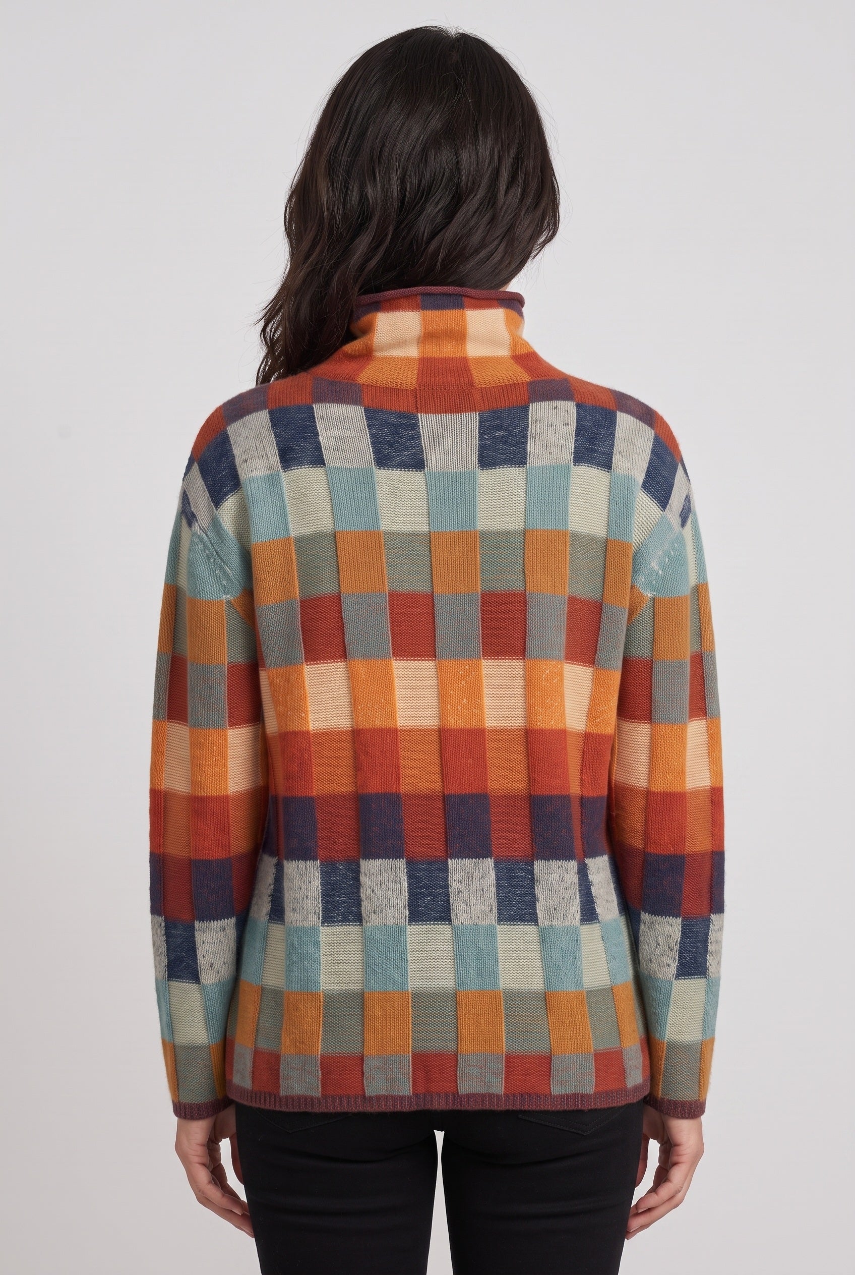 Pull Femme | Col Roulé Carreaux Multicolores Épaules Tombantes - 2