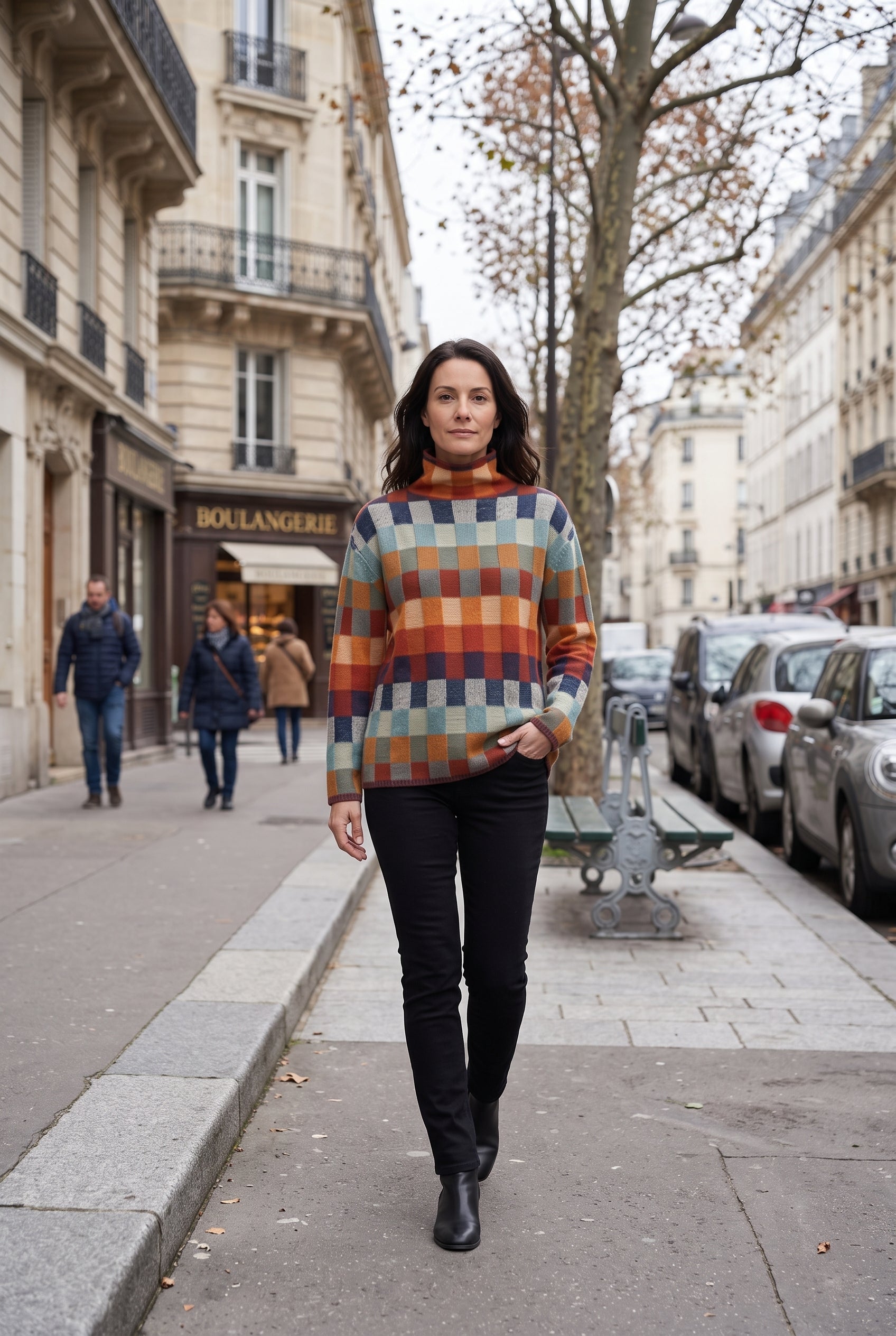 Pull Femme | Col Roulé Carreaux Multicolores Épaules Tombantes - 5