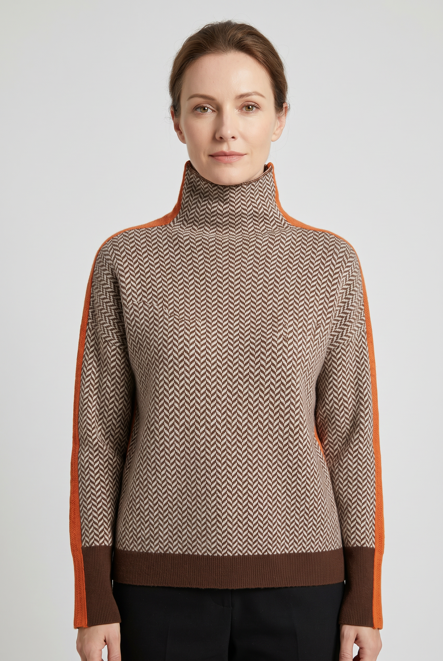 Pull Femme | Col Roulé Chevrons Bande Contrastée - 1