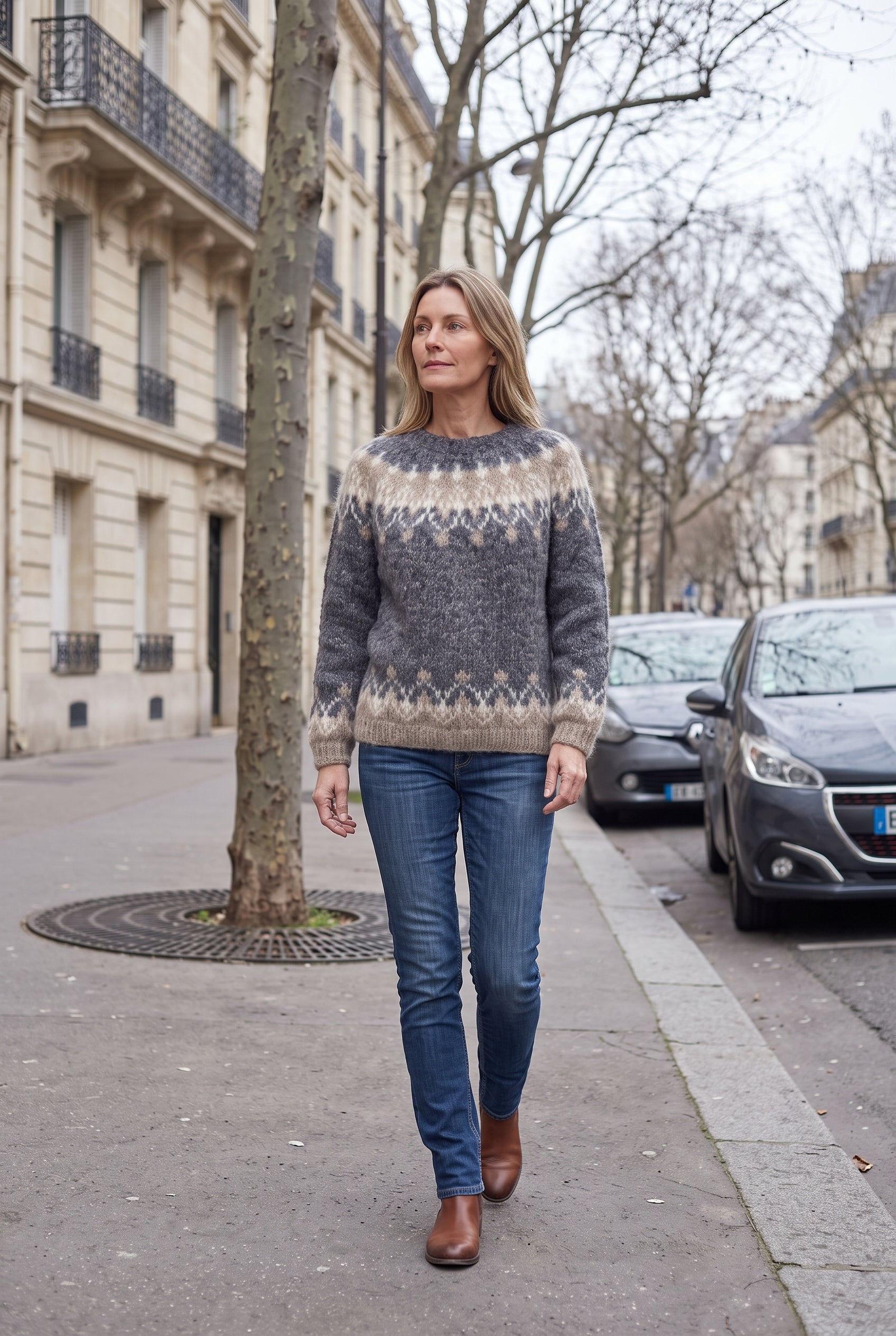 Pull Femme | Jacquard Motif Flocons Col Rond Bords Contrastés - Gris