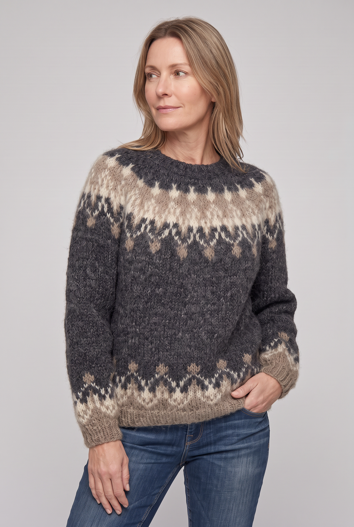 Pull Femme | Jacquard Motif Flocons Col Rond Bords Contrastés - 3