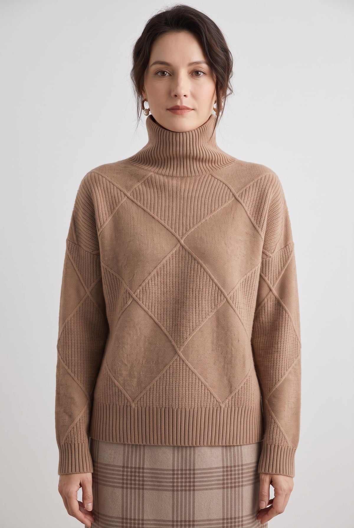 Pull Femme | Torsadé Col Roulé Motif Losanges Coupe Ample - 1