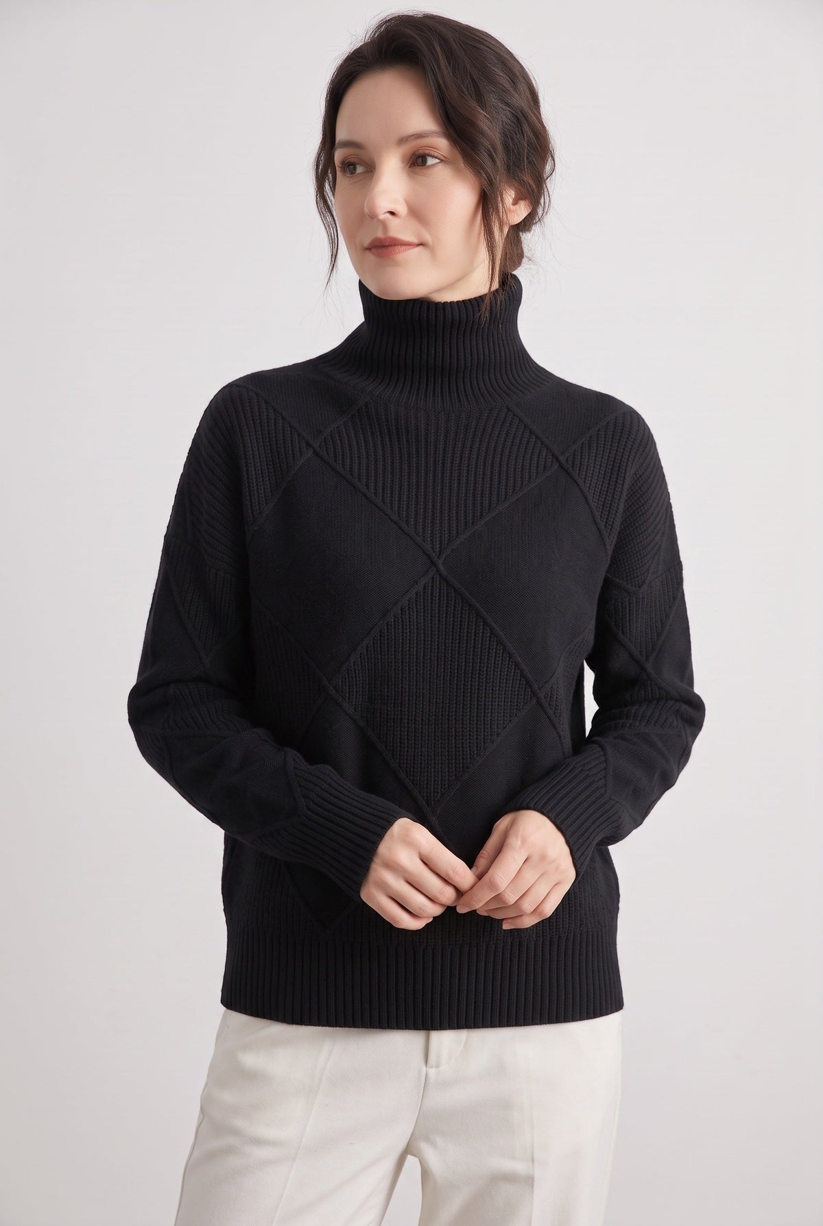 Pull Femme | Torsadé Col Roulé Motif Losanges Coupe Ample - 6