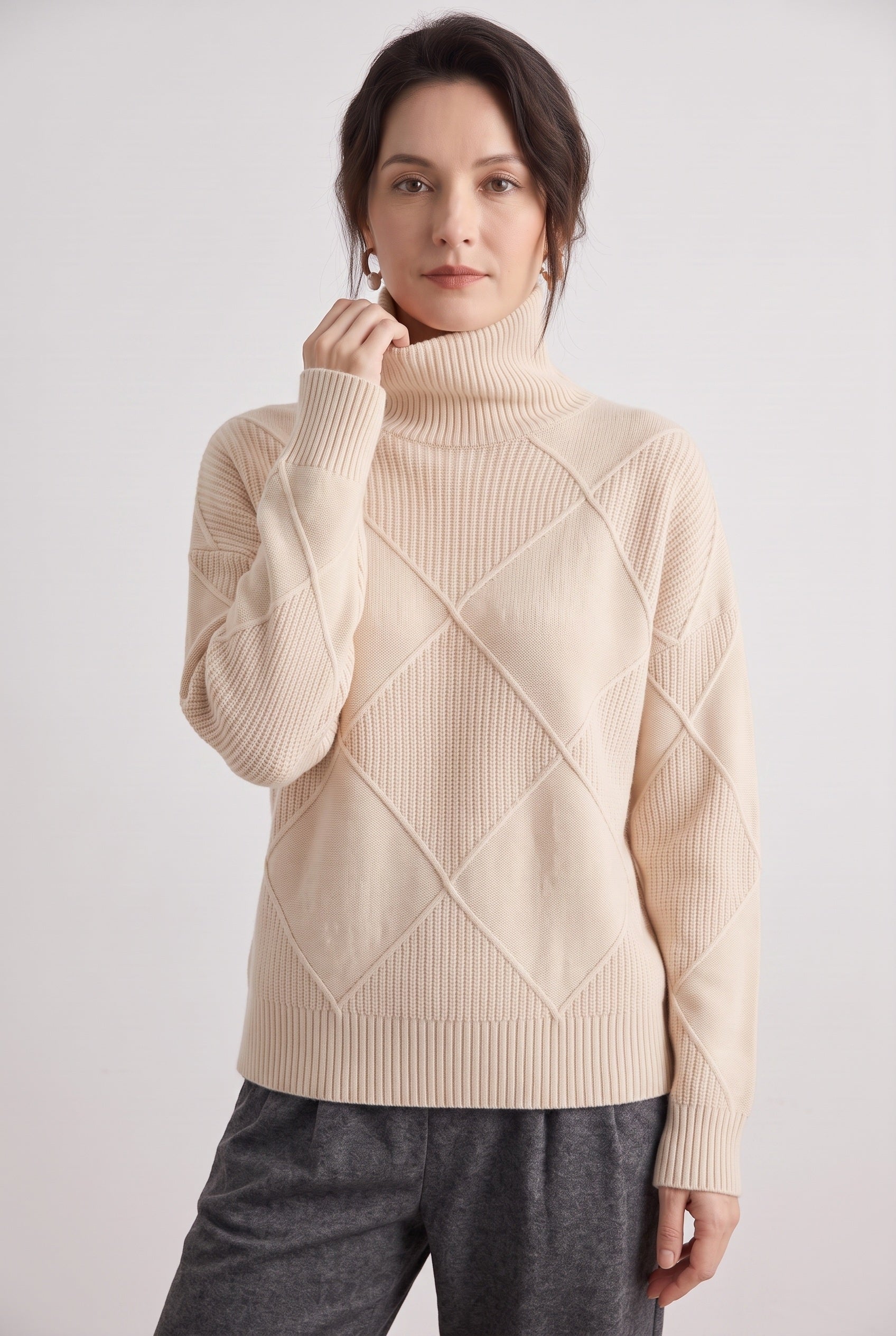 Pull Femme | Torsadé Col Roulé Motif Losanges Coupe Ample - 7