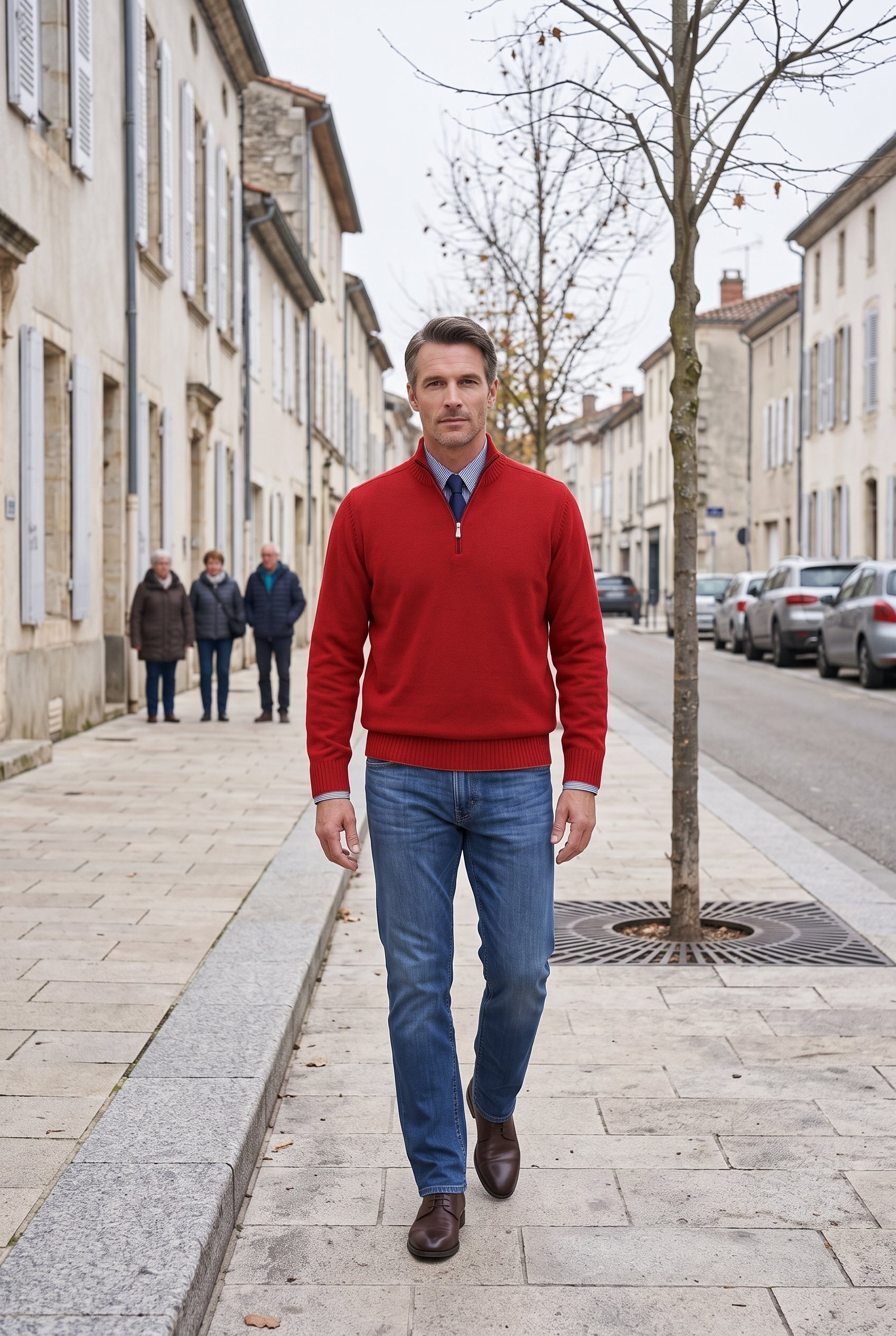 Pull Homme | Col Zippé Maille Fine Manches Montées Bords Côtelés - Rouge