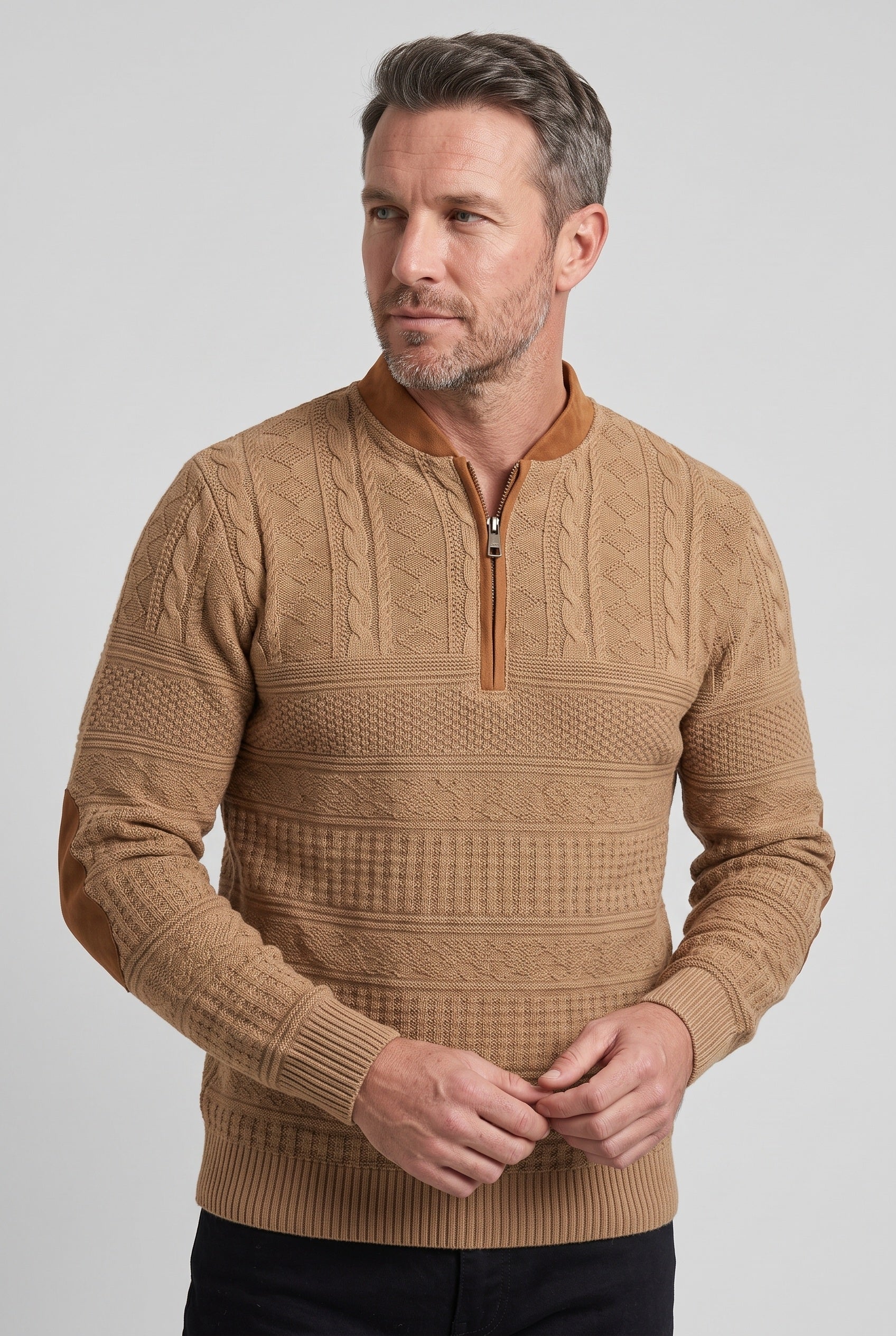 Pull Homme | Col Zippé Torsadé Coudières Contrastées - 5