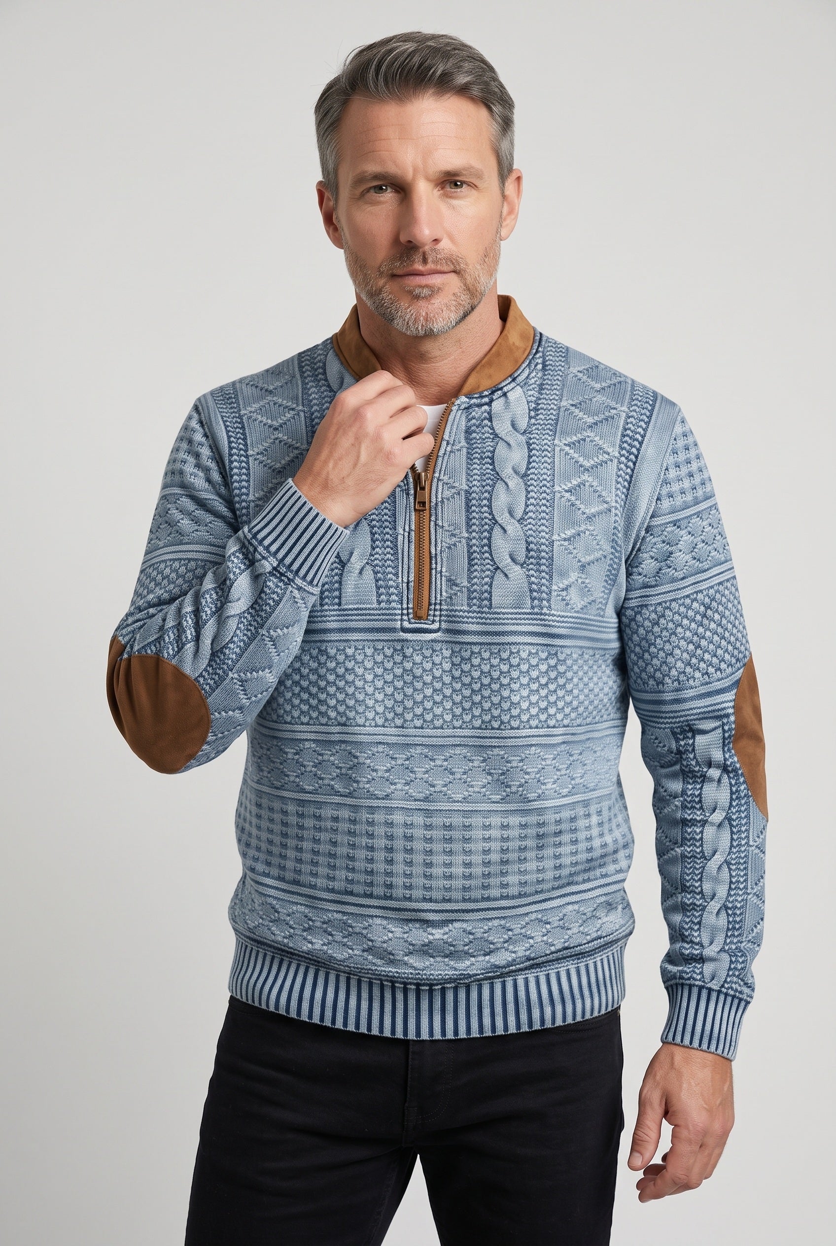 Pull Homme | Col Zippé Torsadé Coudières Contrastées - 6