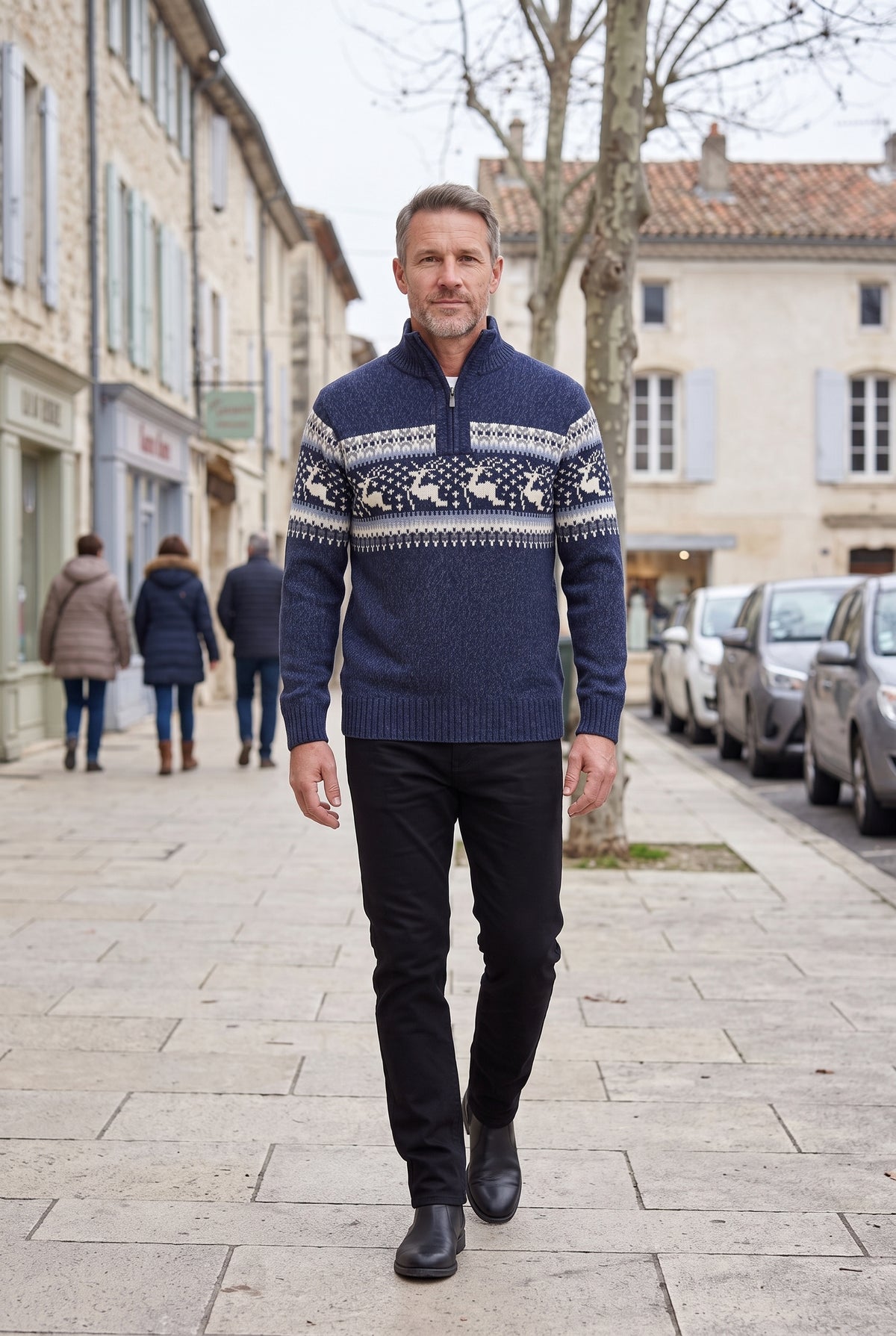 Pull Homme | Jacquard Demi-Zip Col Montant Bords Côtelés - 7
