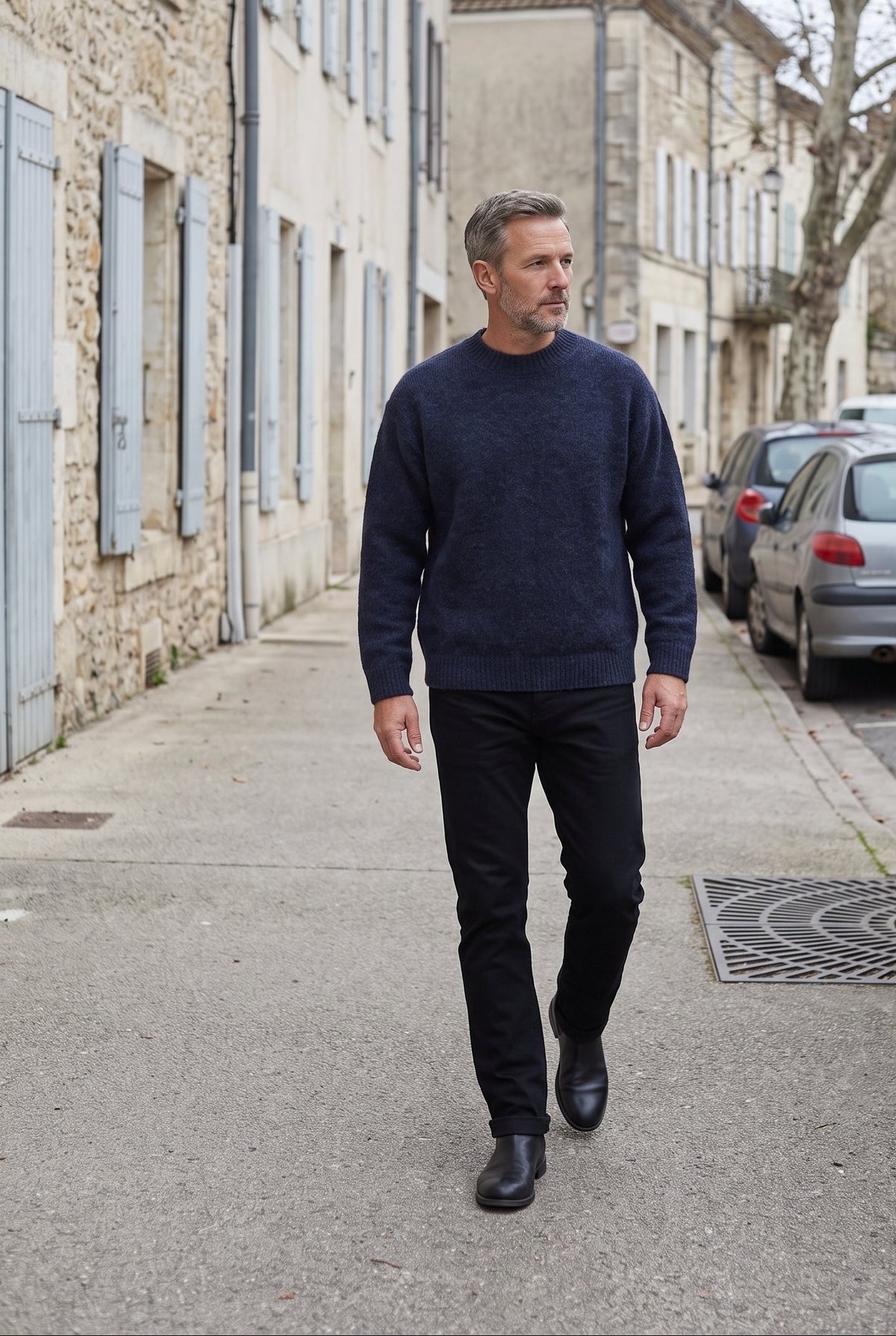 Pull Homme | Maille Grattée Épaules Tombantes Col Rond Côtelé - Bleu marine