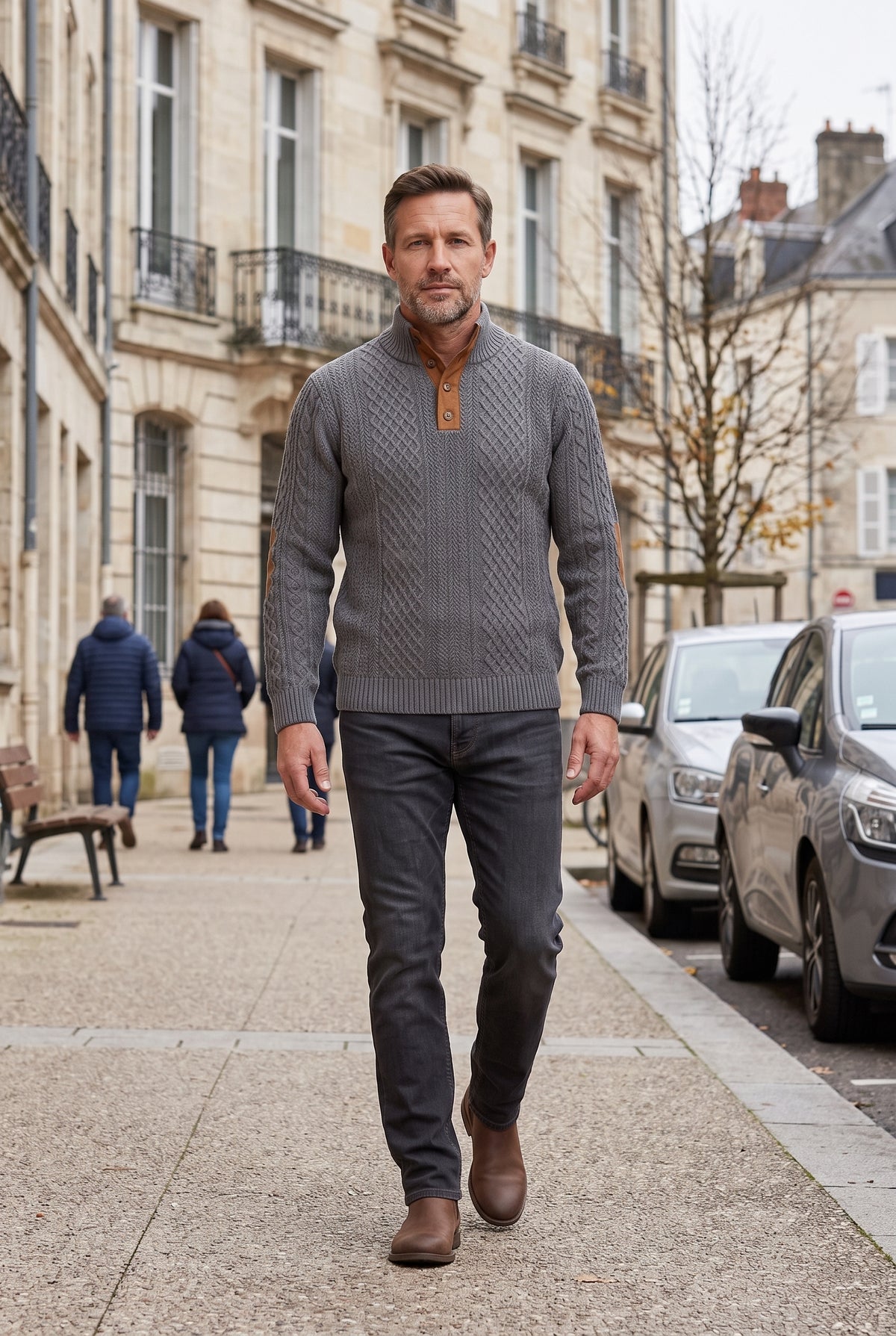 Pull Homme | Torsadé Col Montant Boutonné Coudières - Gris foncé