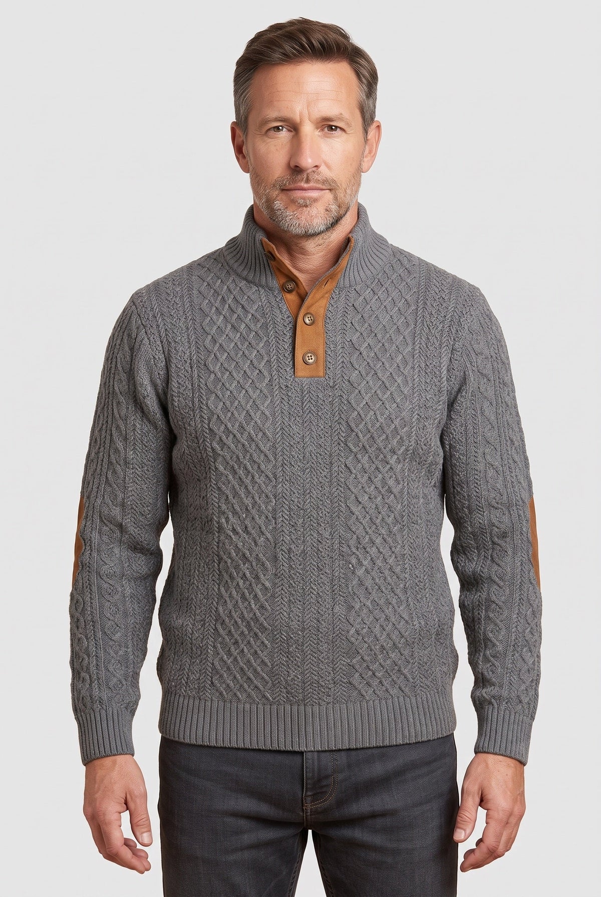 Pull Homme | Torsadé Col Montant Boutonné Coudières - 1