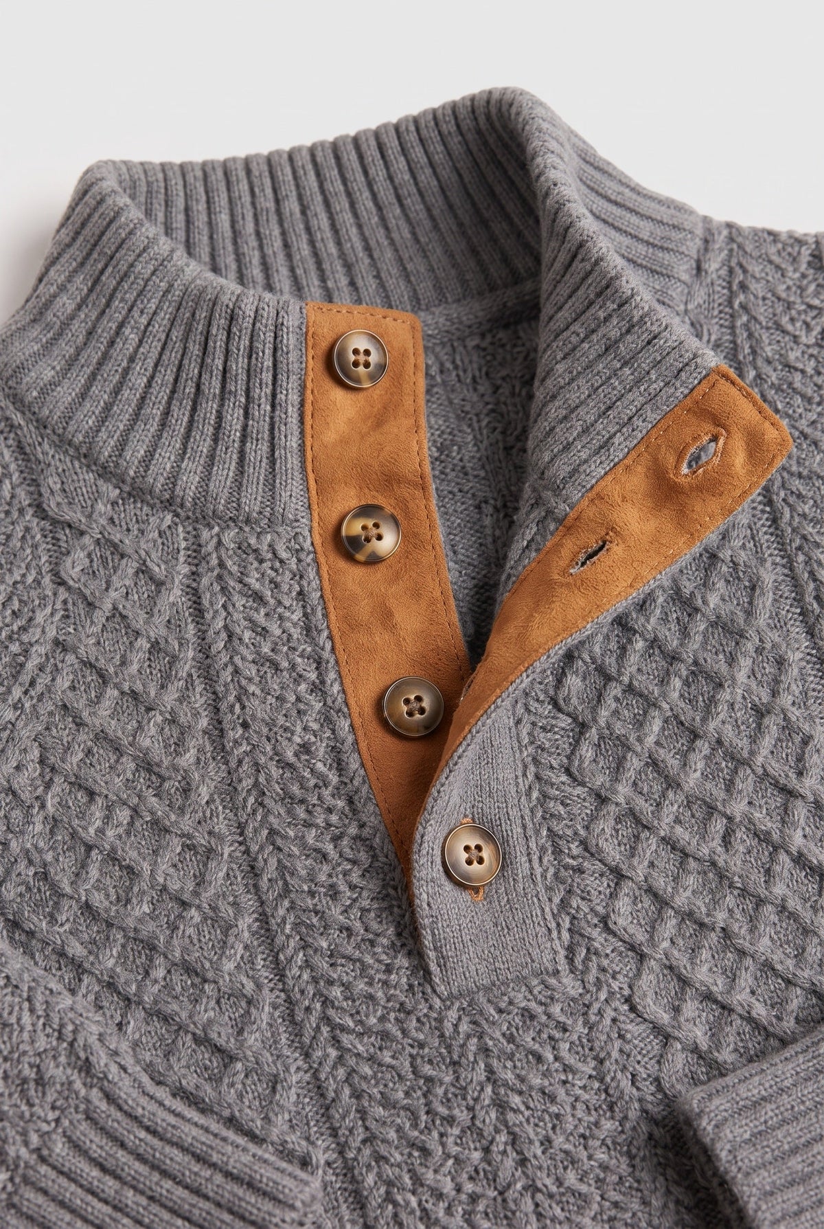Pull Homme | Torsadé Col Montant Boutonné Coudières - 3