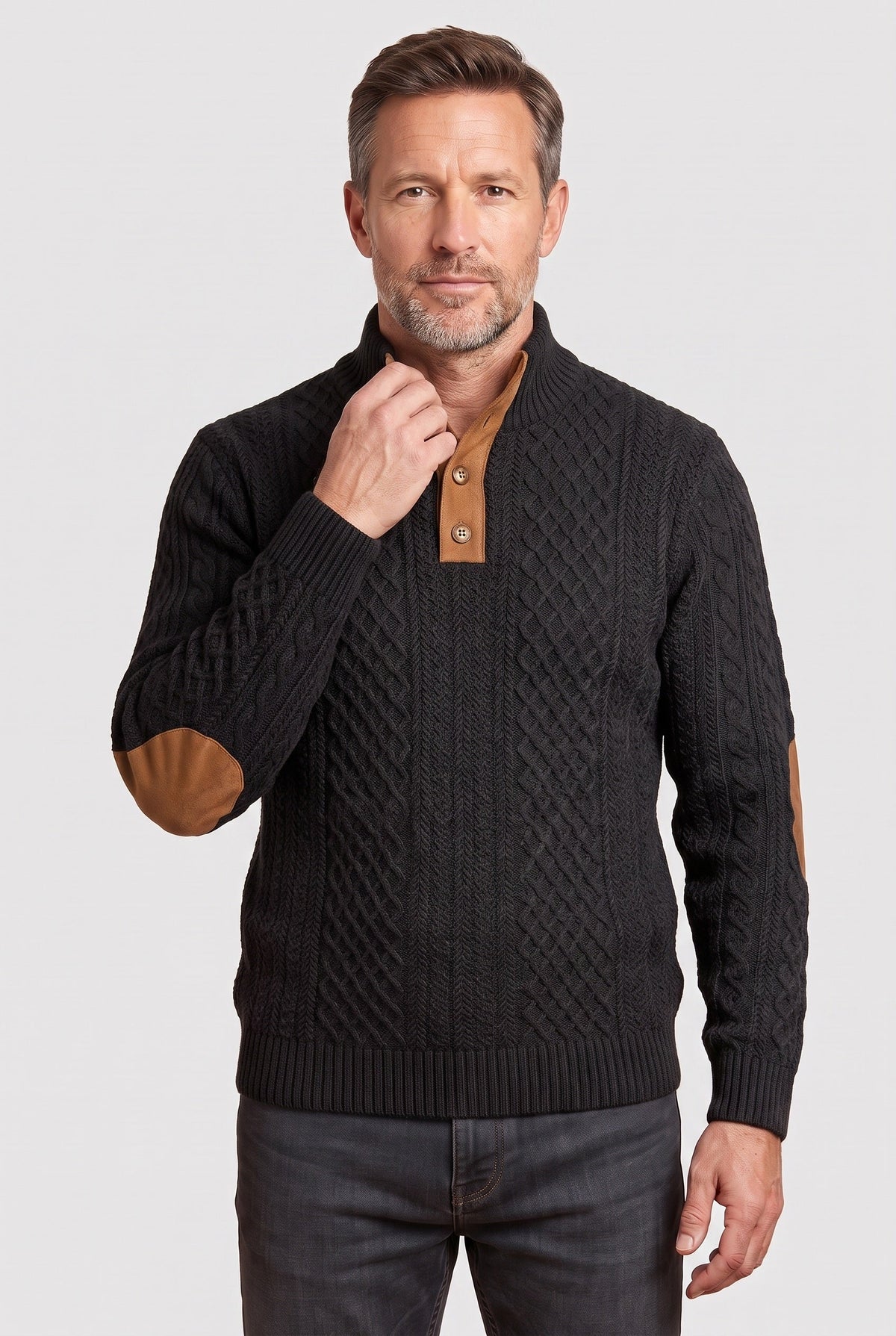 Pull Homme | Torsadé Col Montant Boutonné Coudières - 7