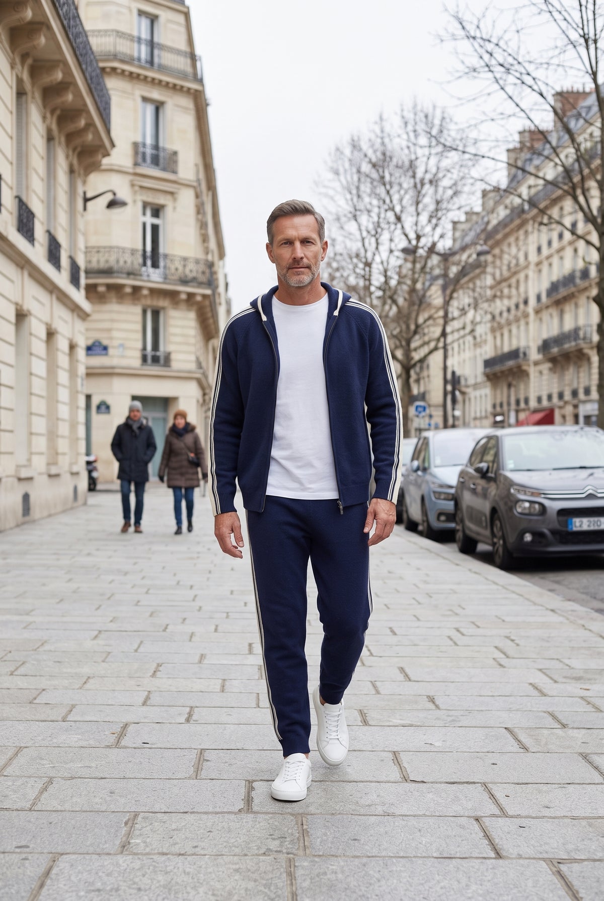 Survêtement Homme | Zip Intégral Capuche Doublée Bandes Latérales - Bleu marine