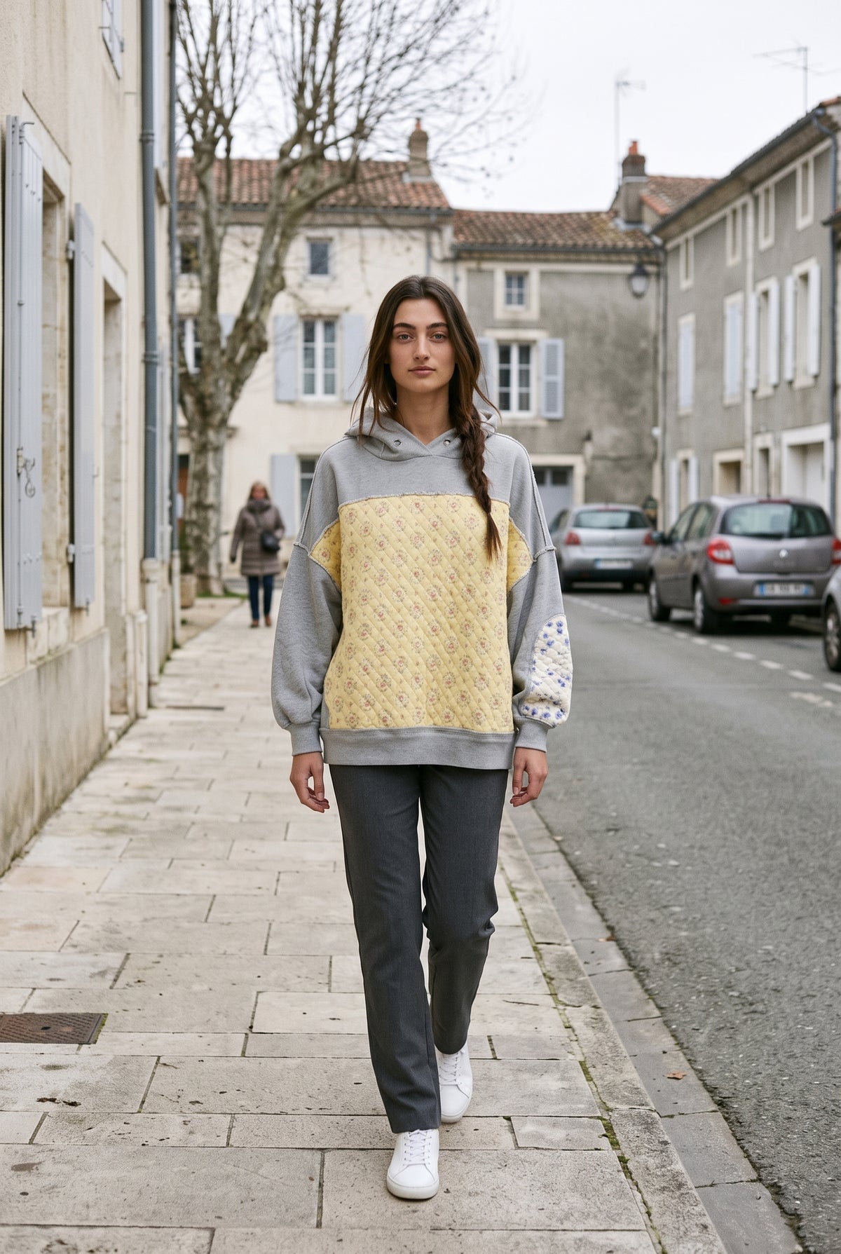 Sweat Femme | À Capuche Empiècement Matelassé Fleuri Coupe Oversize - Gris