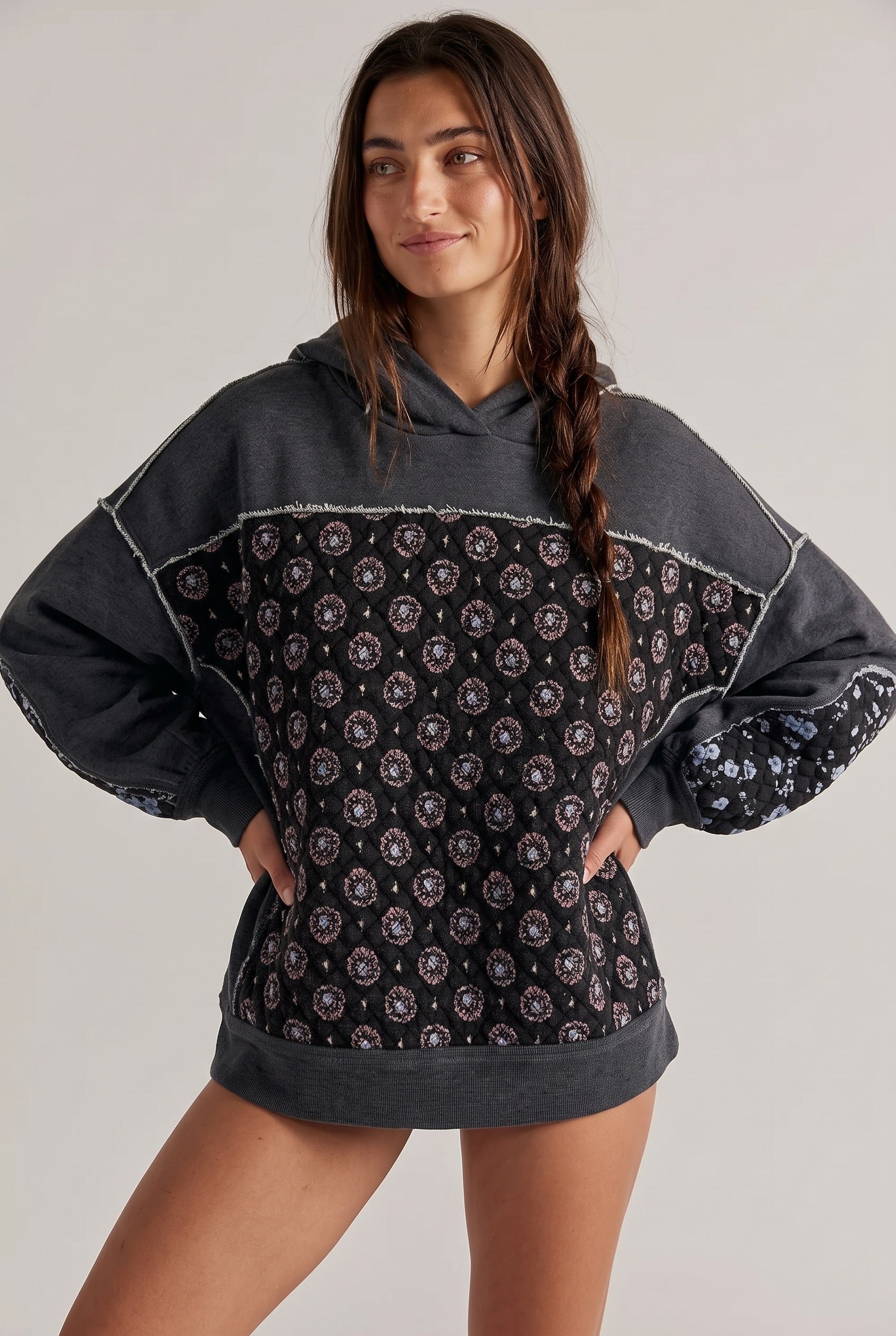 Sweat Femme | À Capuche Empiècement Matelassé Fleuri Coupe Oversize - 4