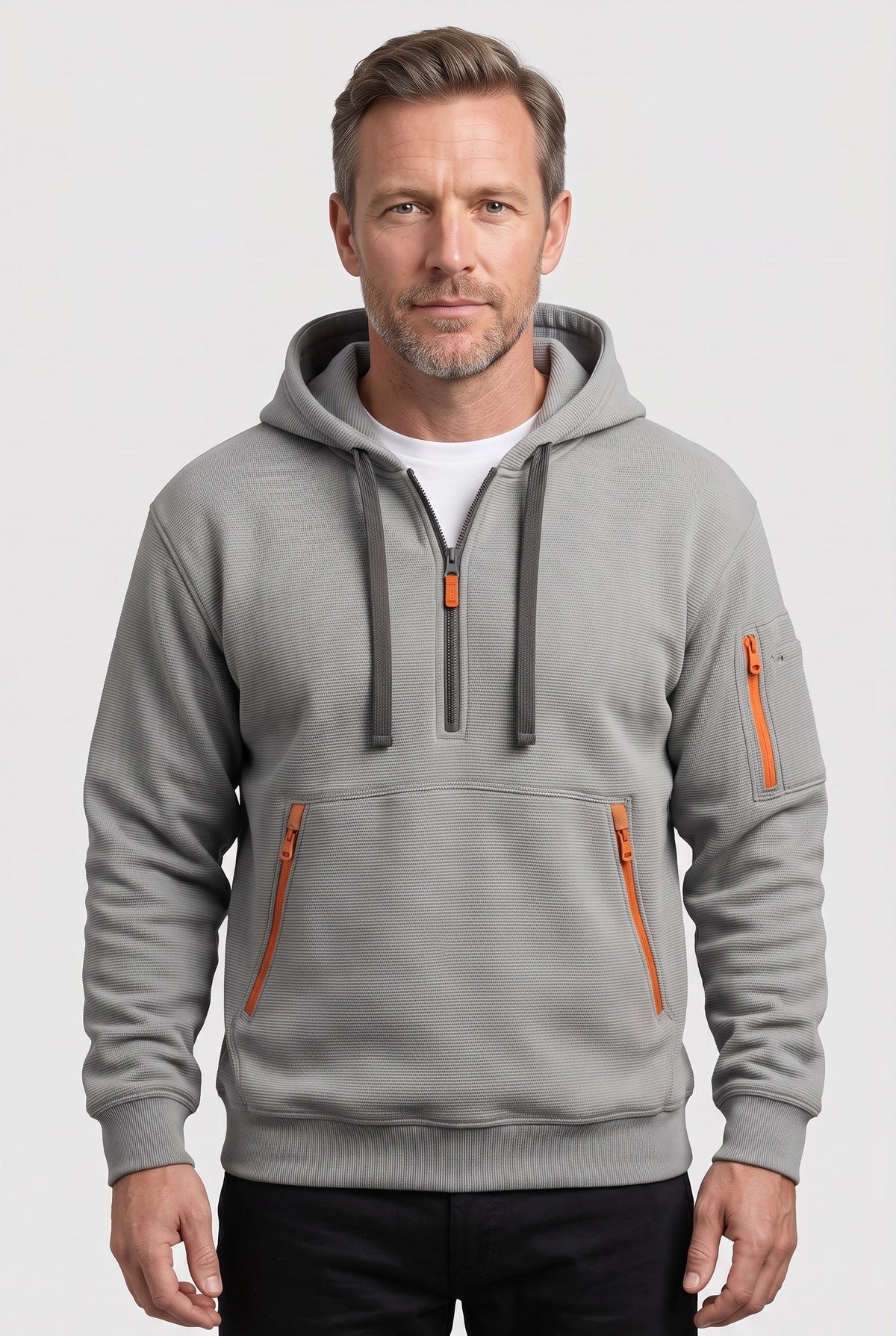 Sweat Homme | À Capuche Demi-Zip Poches Zippées Texture Côtelée - 1
