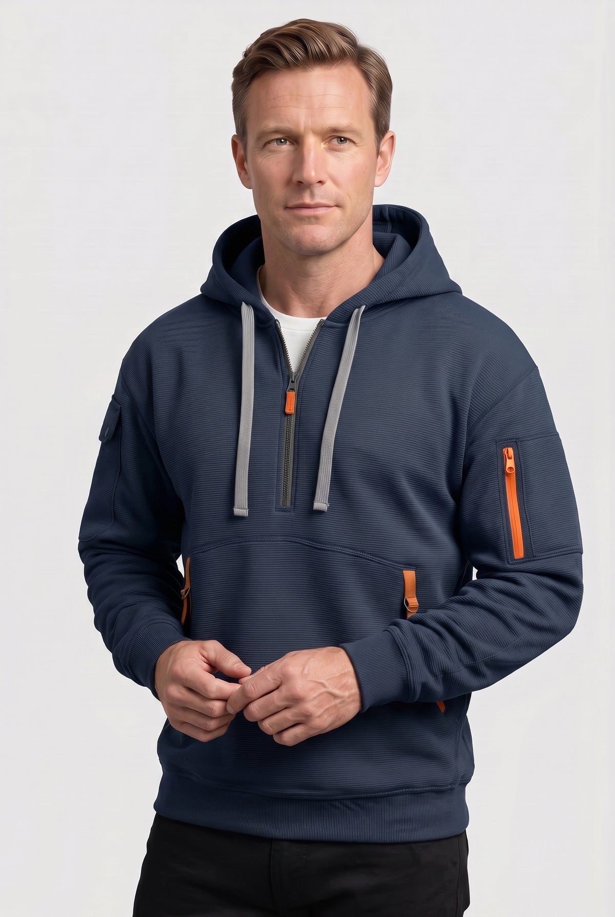 Sweat Homme | À Capuche Demi-Zip Poches Zippées Texture Côtelée - 6