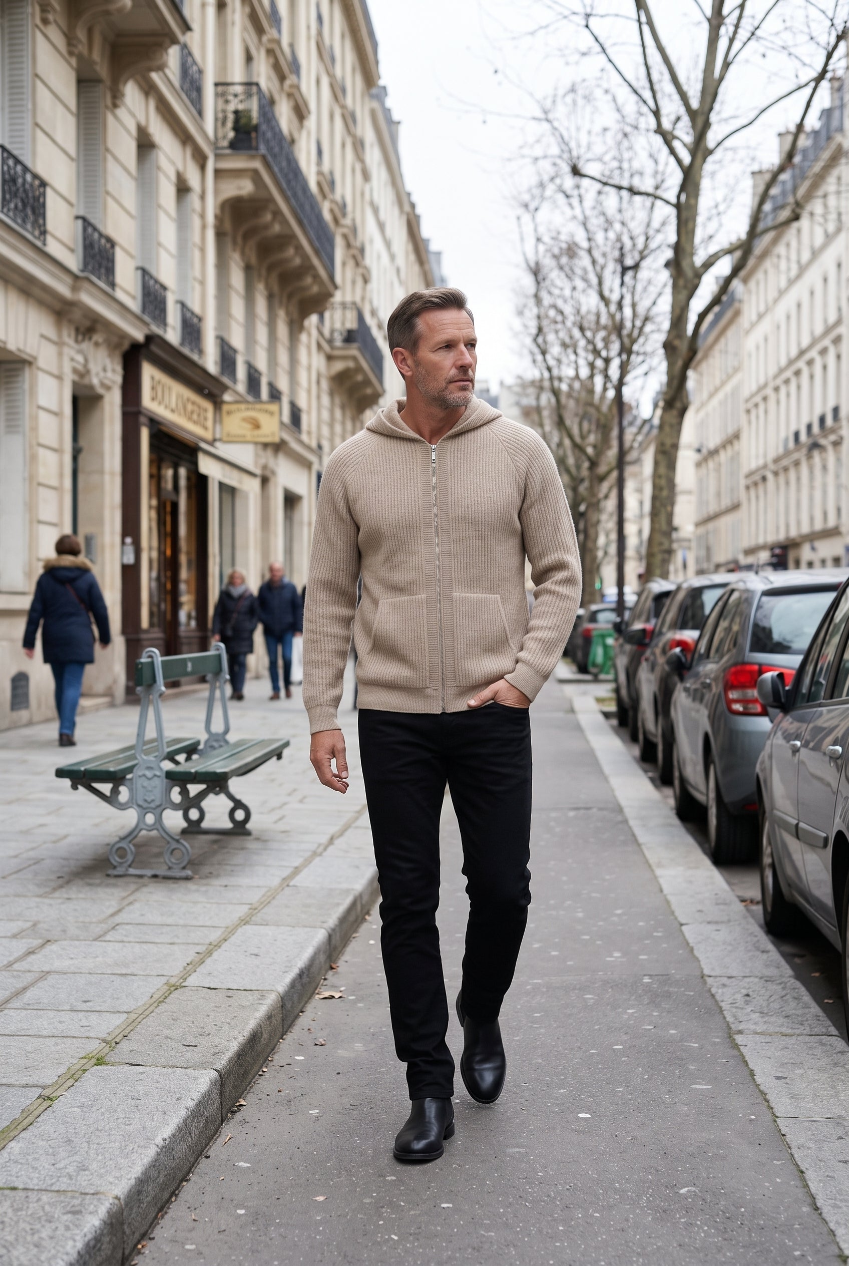 Sweat Homme | À Capuche Zippé Deux Sens Maille Côtelée - Sable