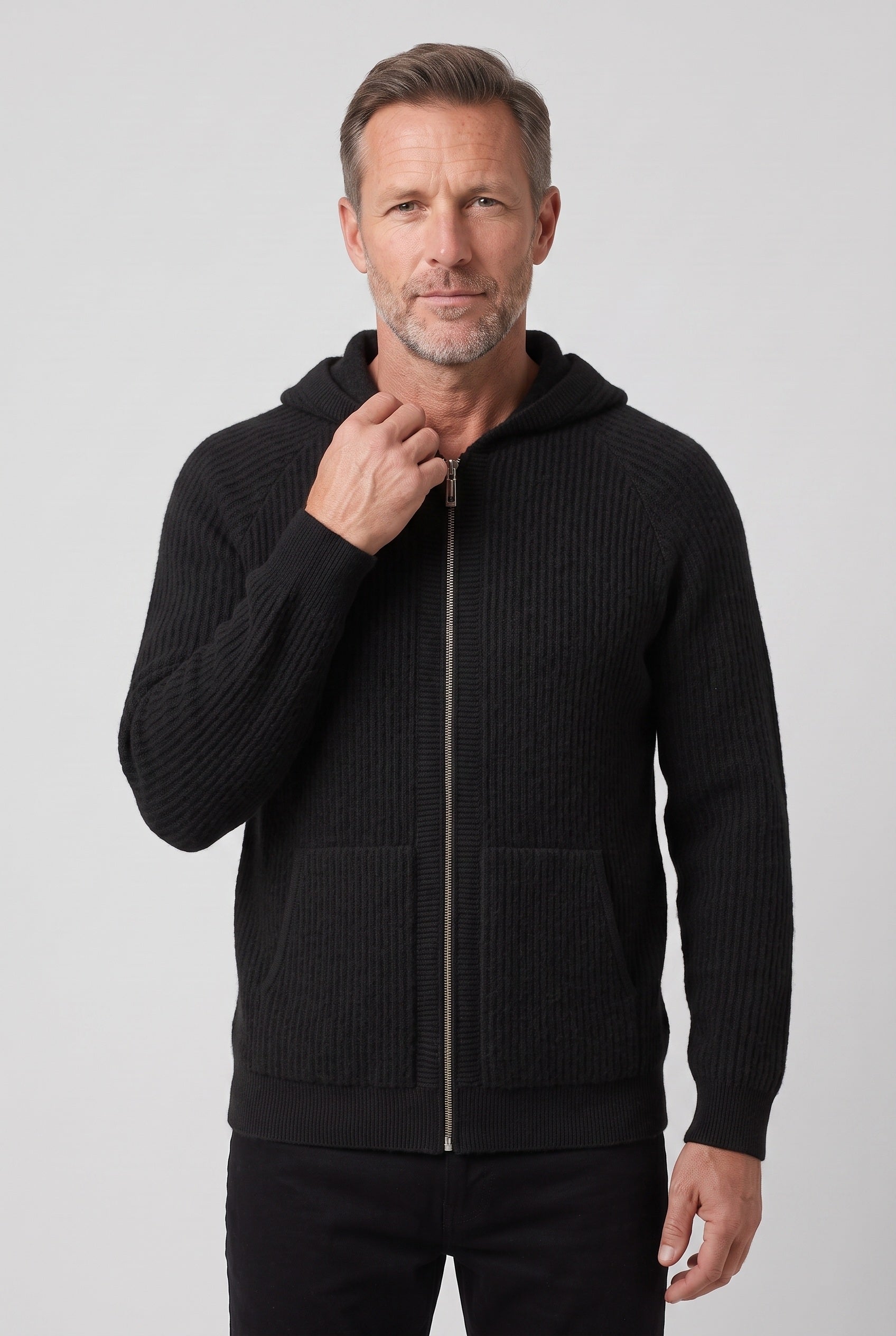 Sweat Homme | À Capuche Zippé Deux Sens Maille Côtelée - 12