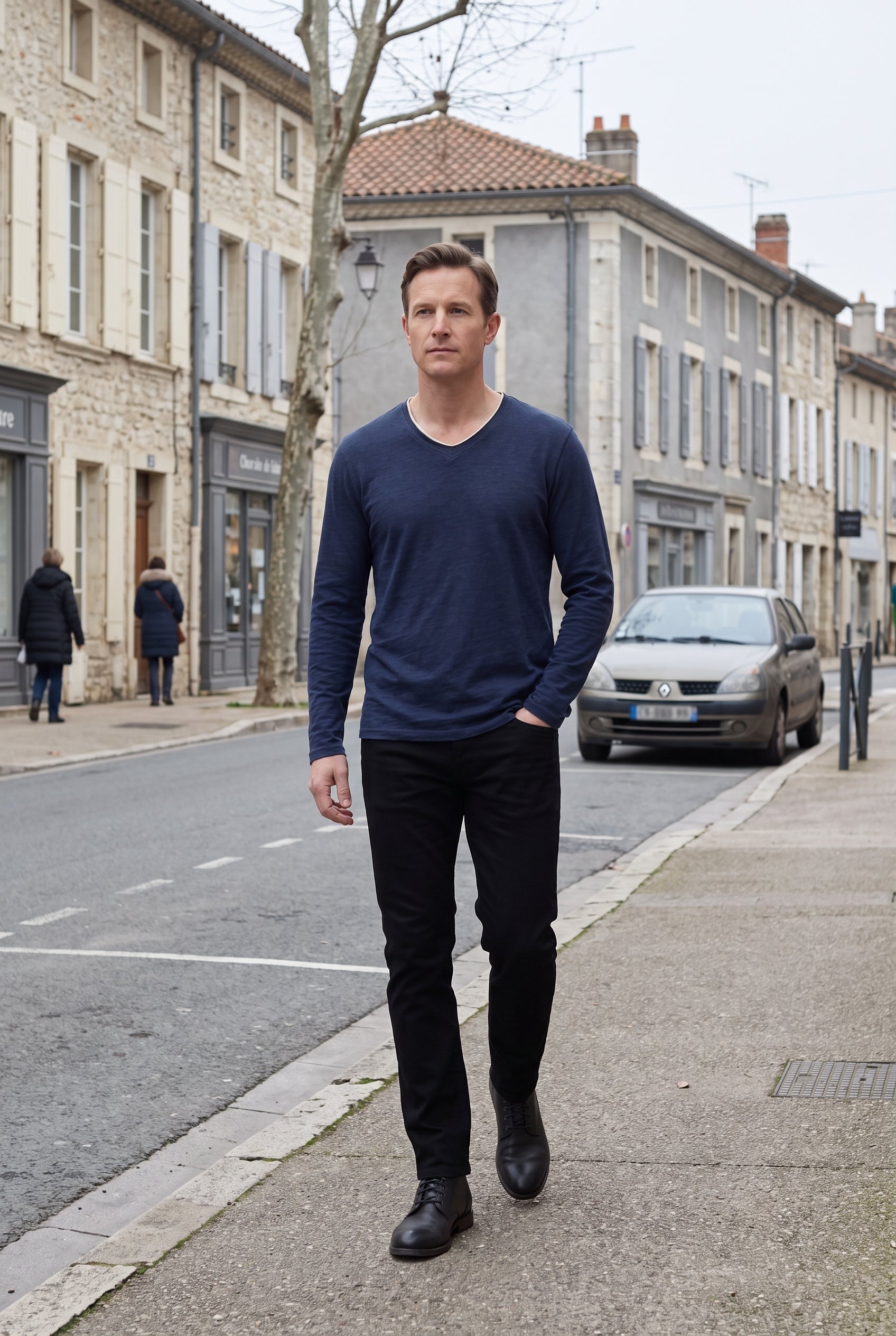 Tee Shirt Homme | Manches Longues Col V Bord Contrastant - 4