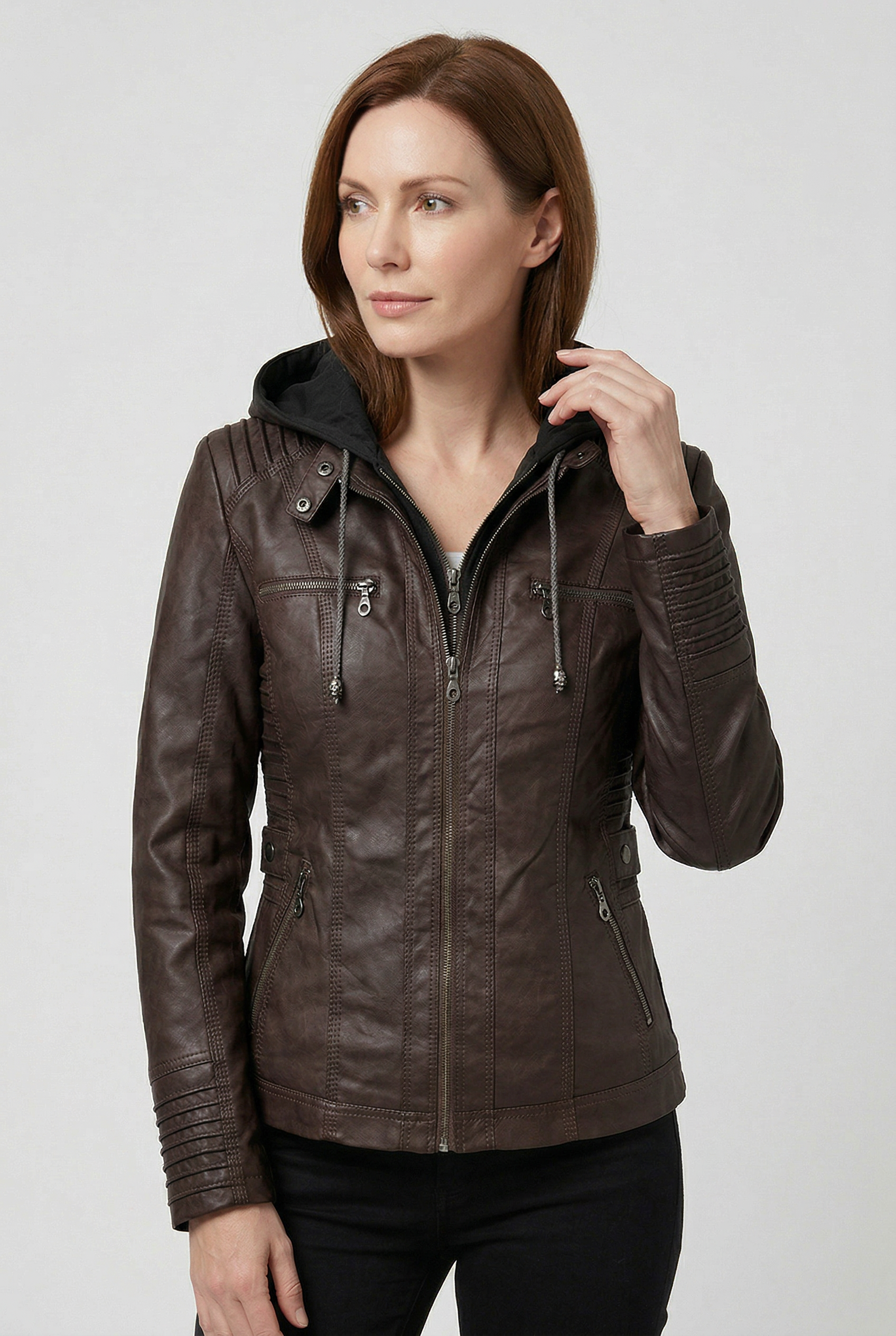 Veste Femme | Aspect Cuir Zip Deux Sens Capuche Poches Poitrine - 10